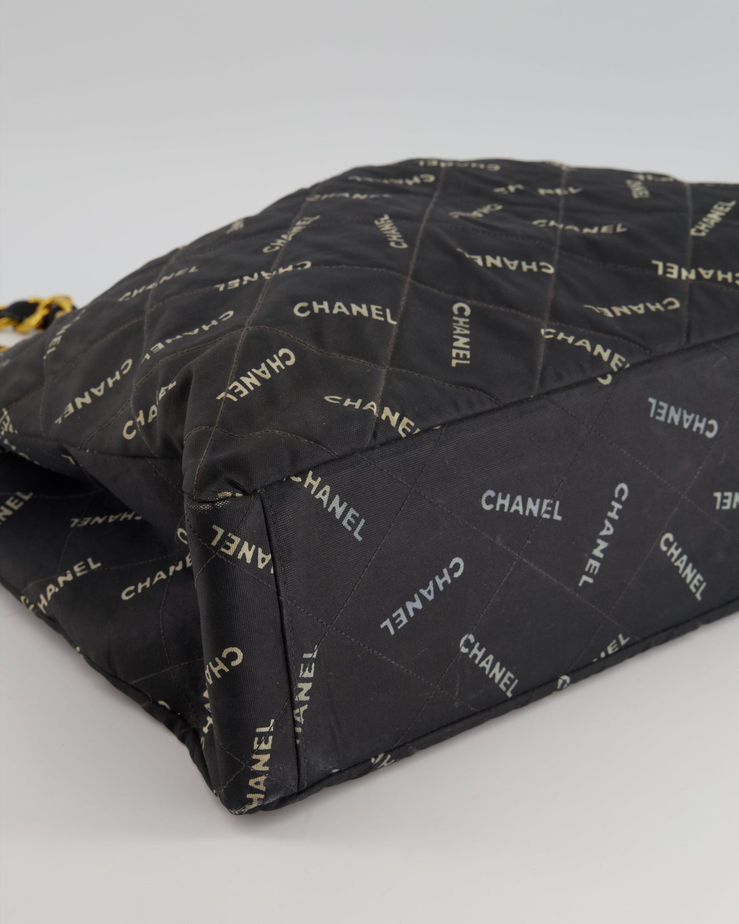 *RARE* Chanel   Black Bag in Quilted Canvas Logo Print with Gold Hardware