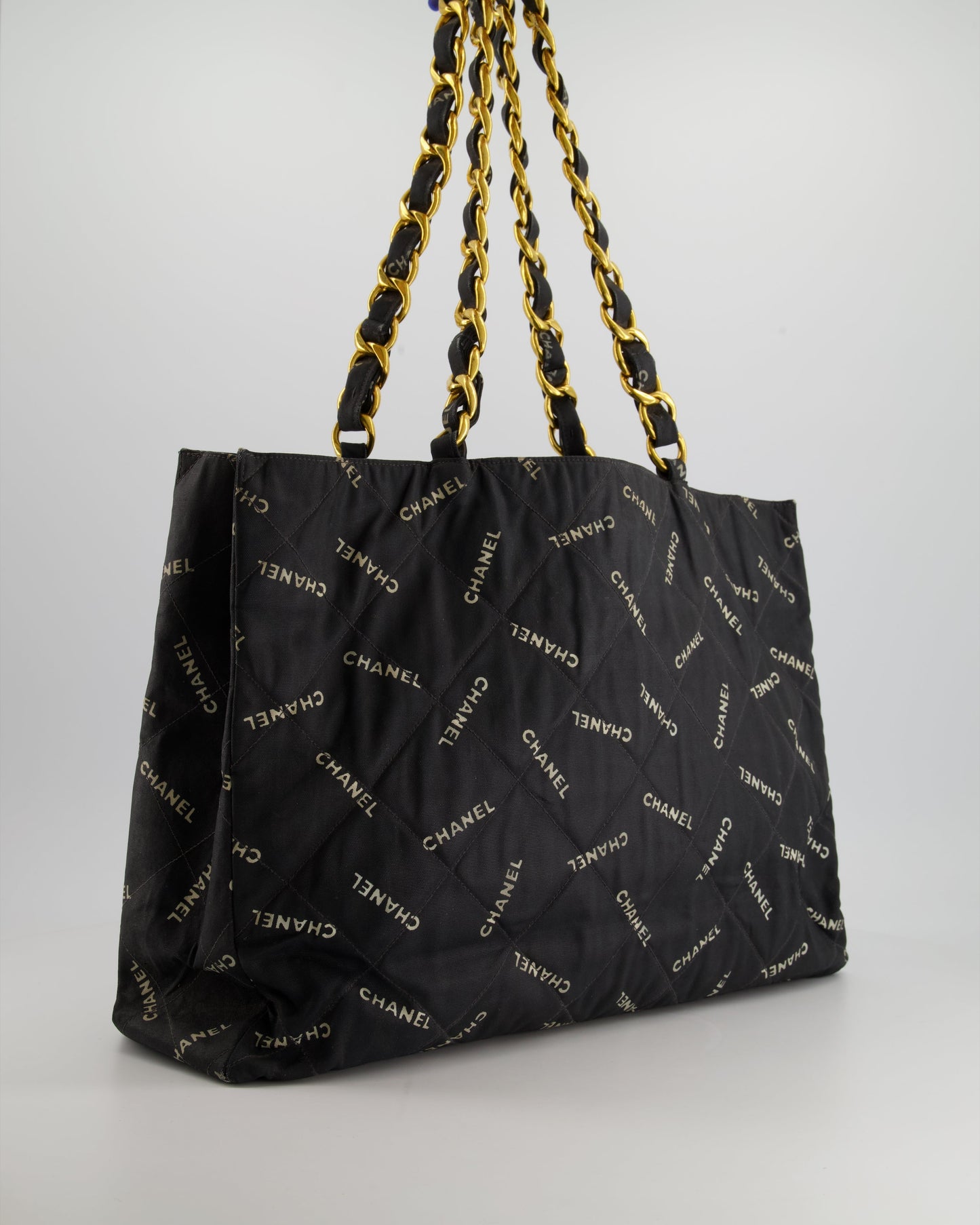 *RARE* Chanel   Black Bag in Quilted Canvas Logo Print with Gold Hardware