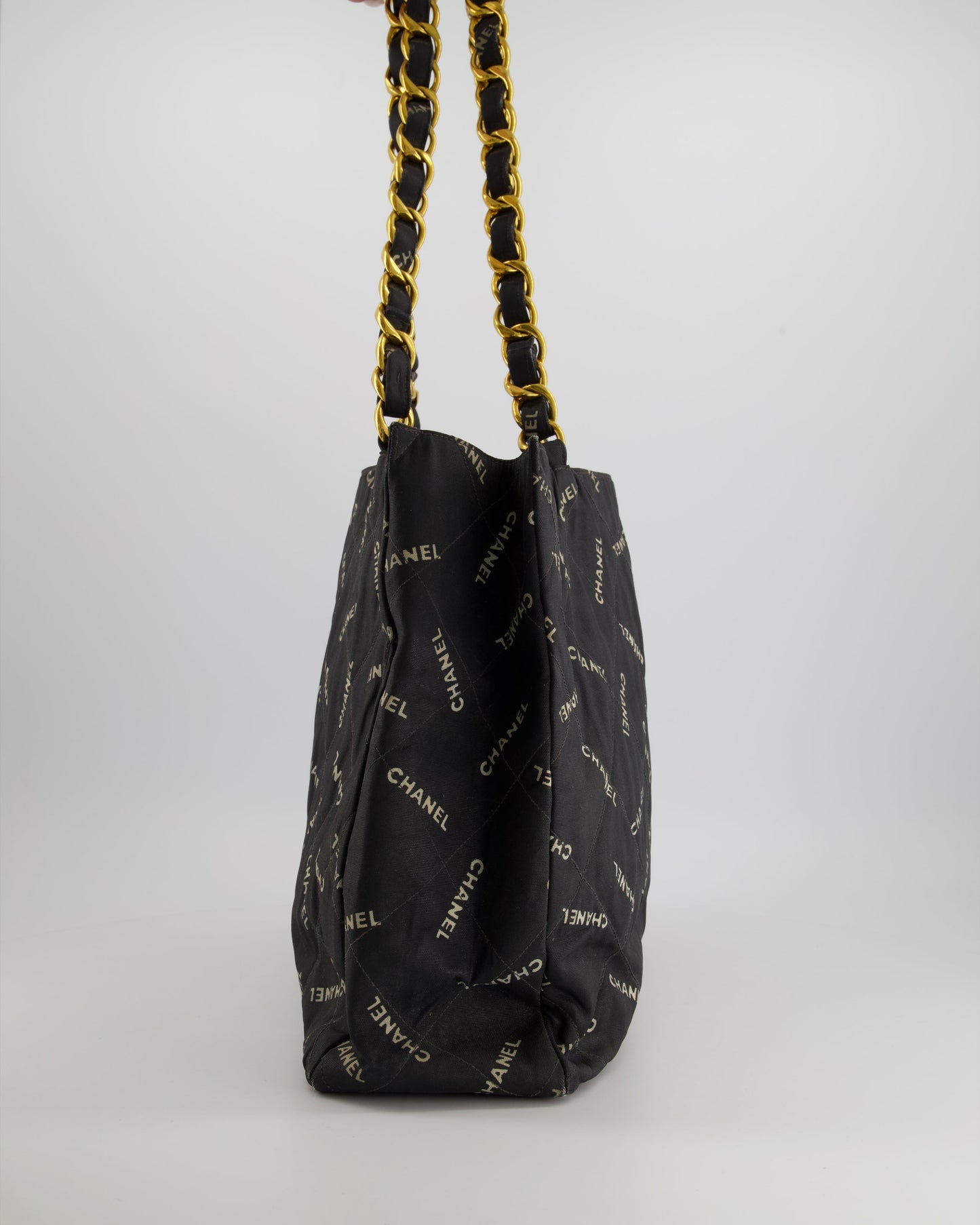 *RARE* Chanel   Black Bag in Quilted Canvas Logo Print with Gold Hardware