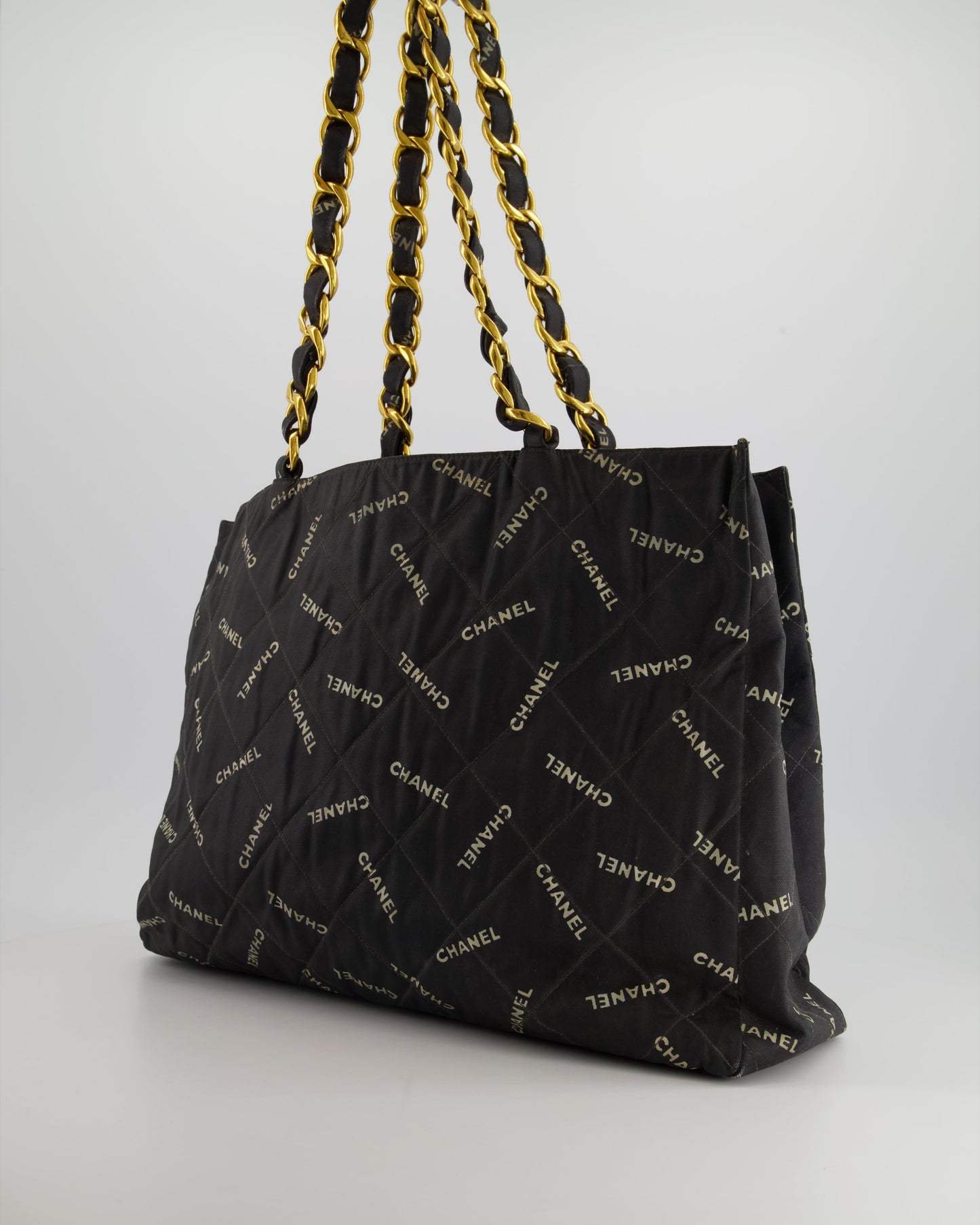 *RARE* Chanel   Black Bag in Quilted Canvas Logo Print with Gold Hardware