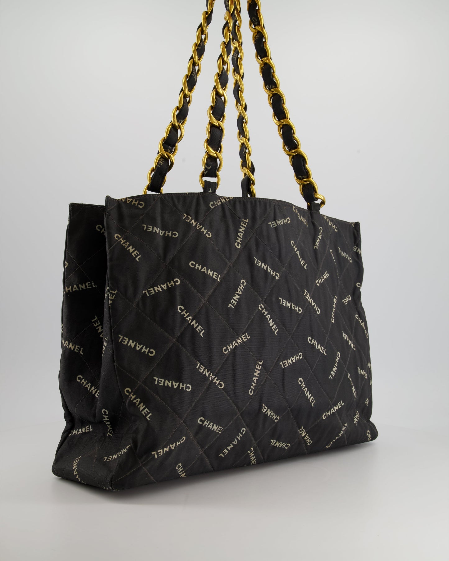 *RARE* Chanel   Black Bag in Quilted Canvas Logo Print with Gold Hardware
