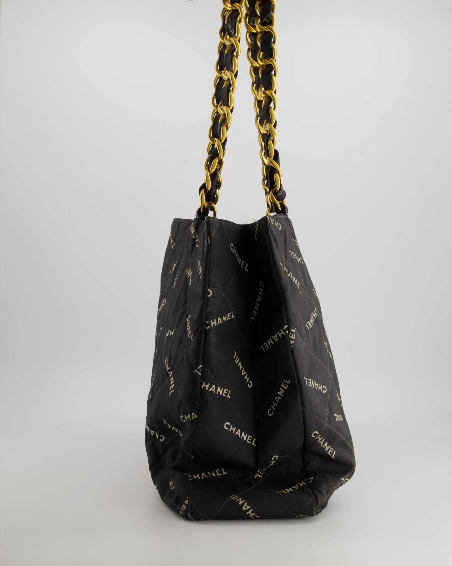 *RARE* Chanel   Black Bag in Quilted Canvas Logo Print with Gold Hardware