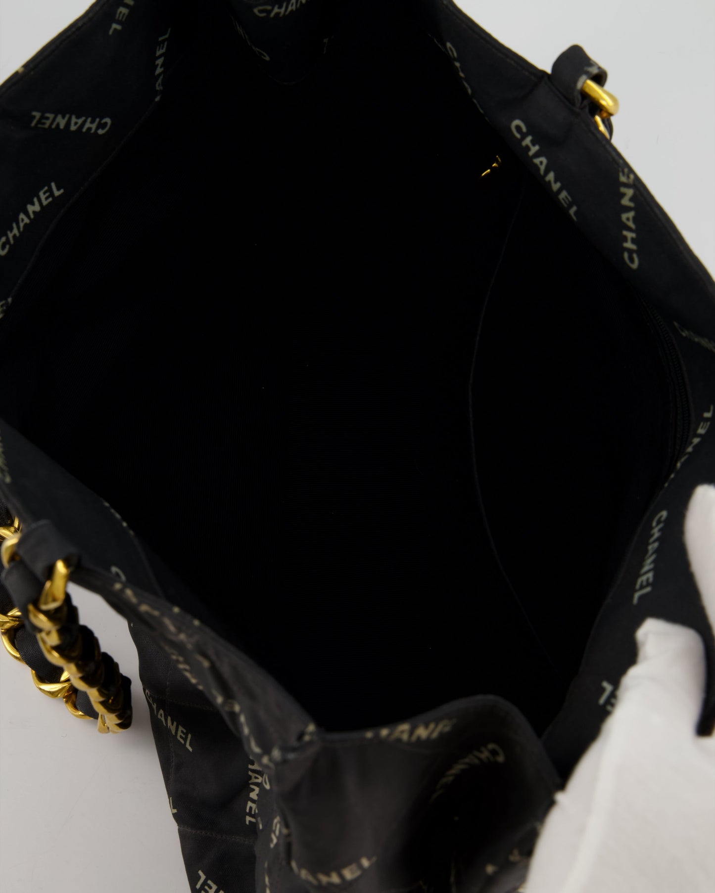 *RARE* Chanel   Black Bag in Quilted Canvas Logo Print with Gold Hardware