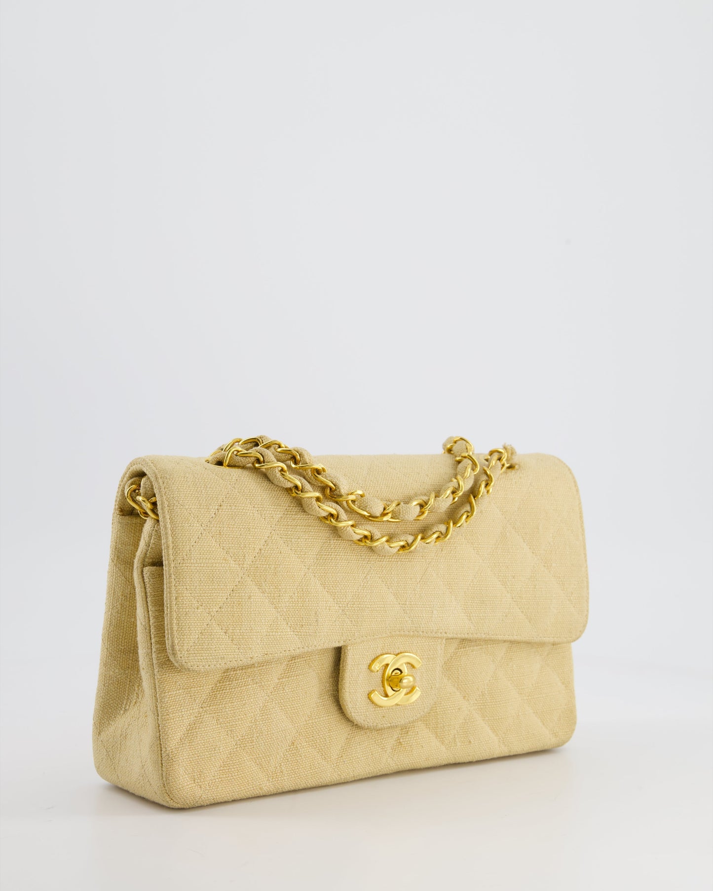 *HOT  * Chanel Beige Small Fabric Classic Double Flap Bag with 24K Gold Hardware
