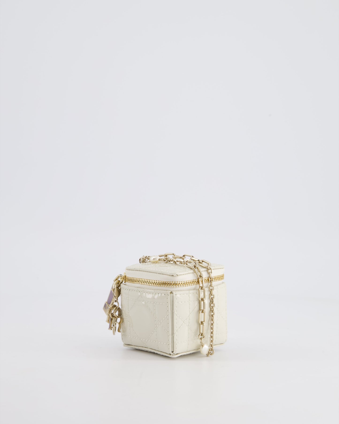 Christian Dior White Micro Cube Patent Leather Pouch with Champagne Gold and Pearl Chain Hardware