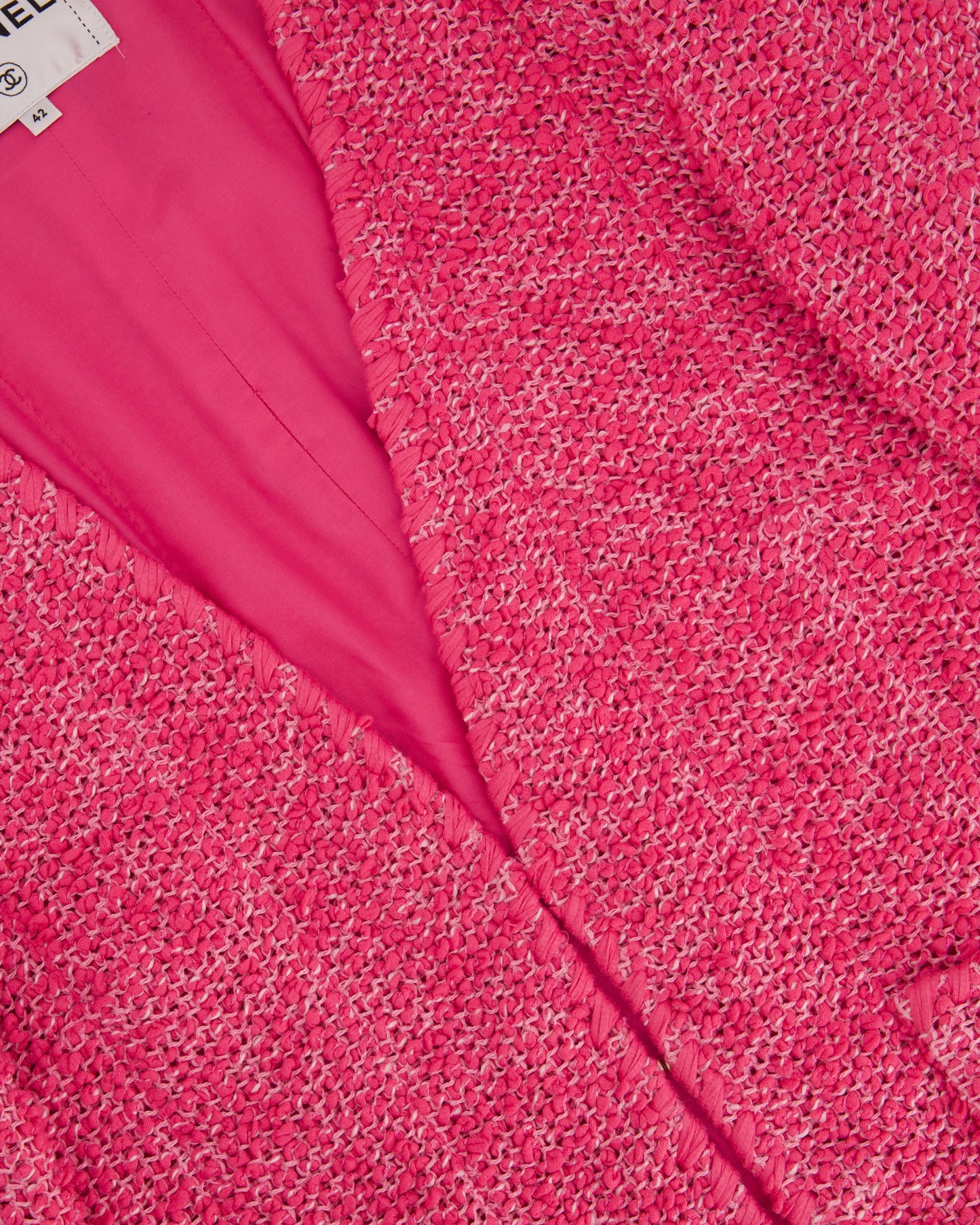 *HOT* Chanel 21C Pink Tweed Jacket and Skirt Set with CC Logo Buttons Size FR 42 (UK 14)