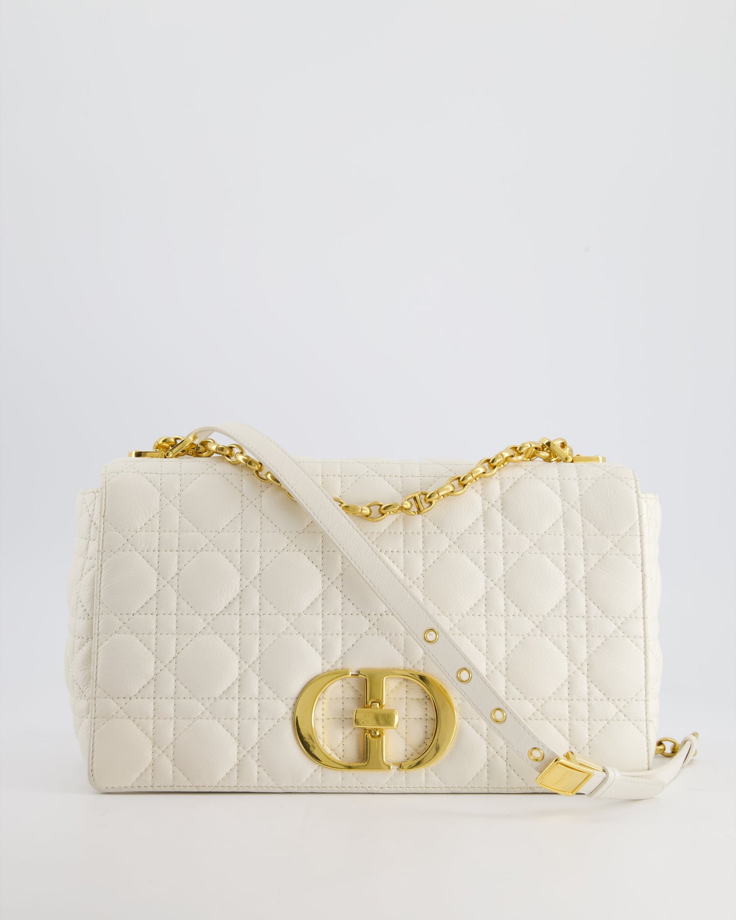 Christian Dior Ivory Large Caro Supple Cannage Calfskin Leather Flap Bag With Gold Hardware