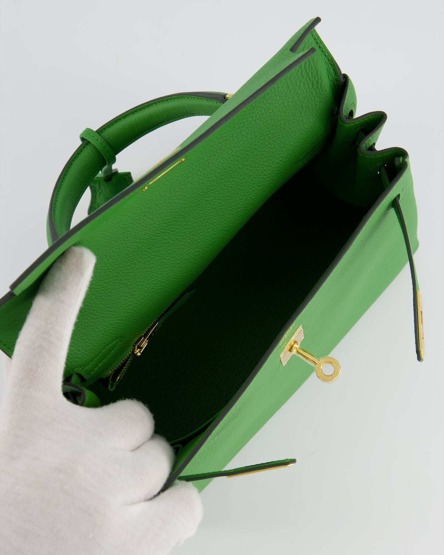 *RARE* The Elite Bags Kelly 25 Retourne Bag in Vert Yucca Togo Leather and Gold Hardware
