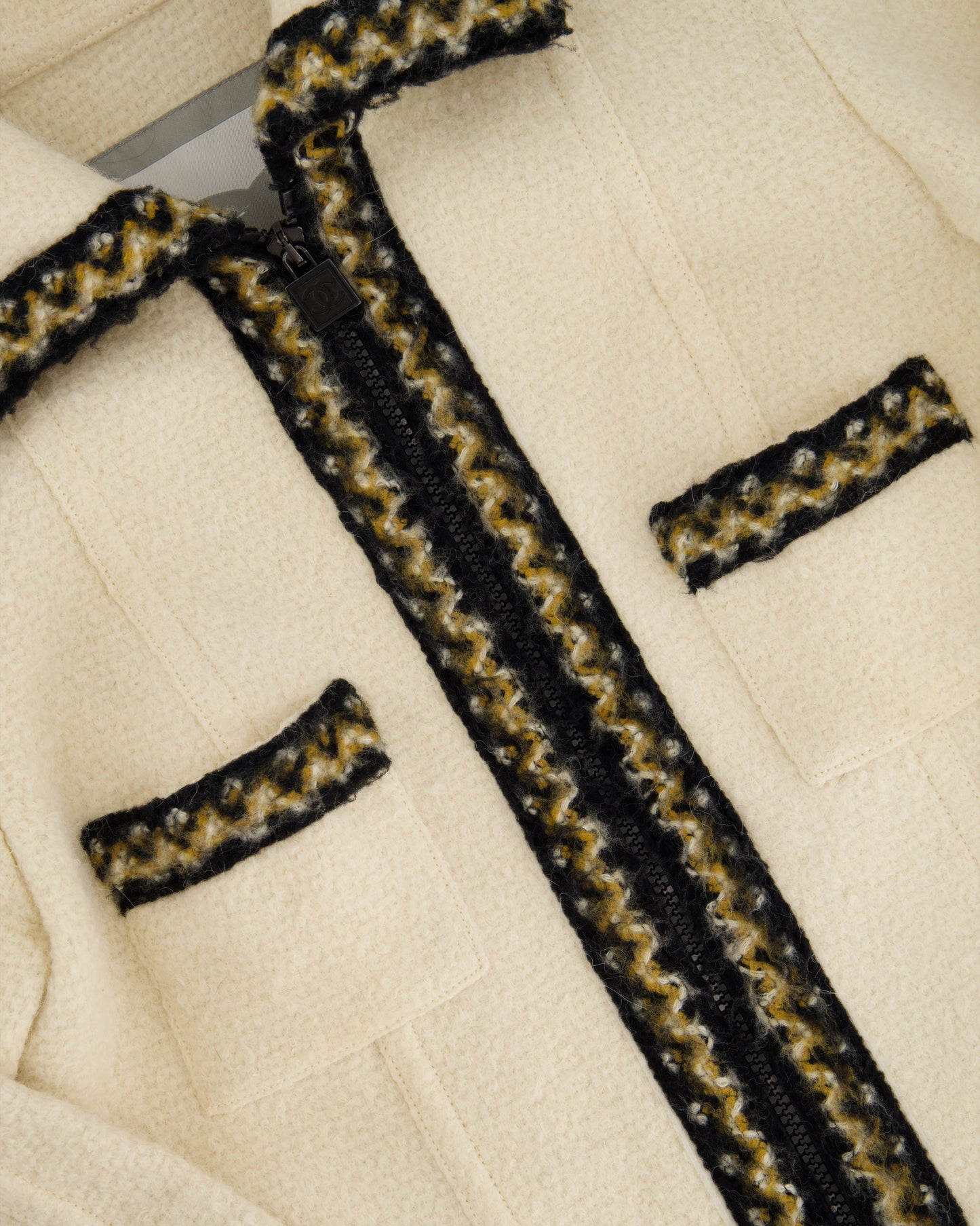 Chanel 1996 Cream Mark Tweed Jacket with Brown, White ZigZag Trim Detail Size FR 38 (UK 10)