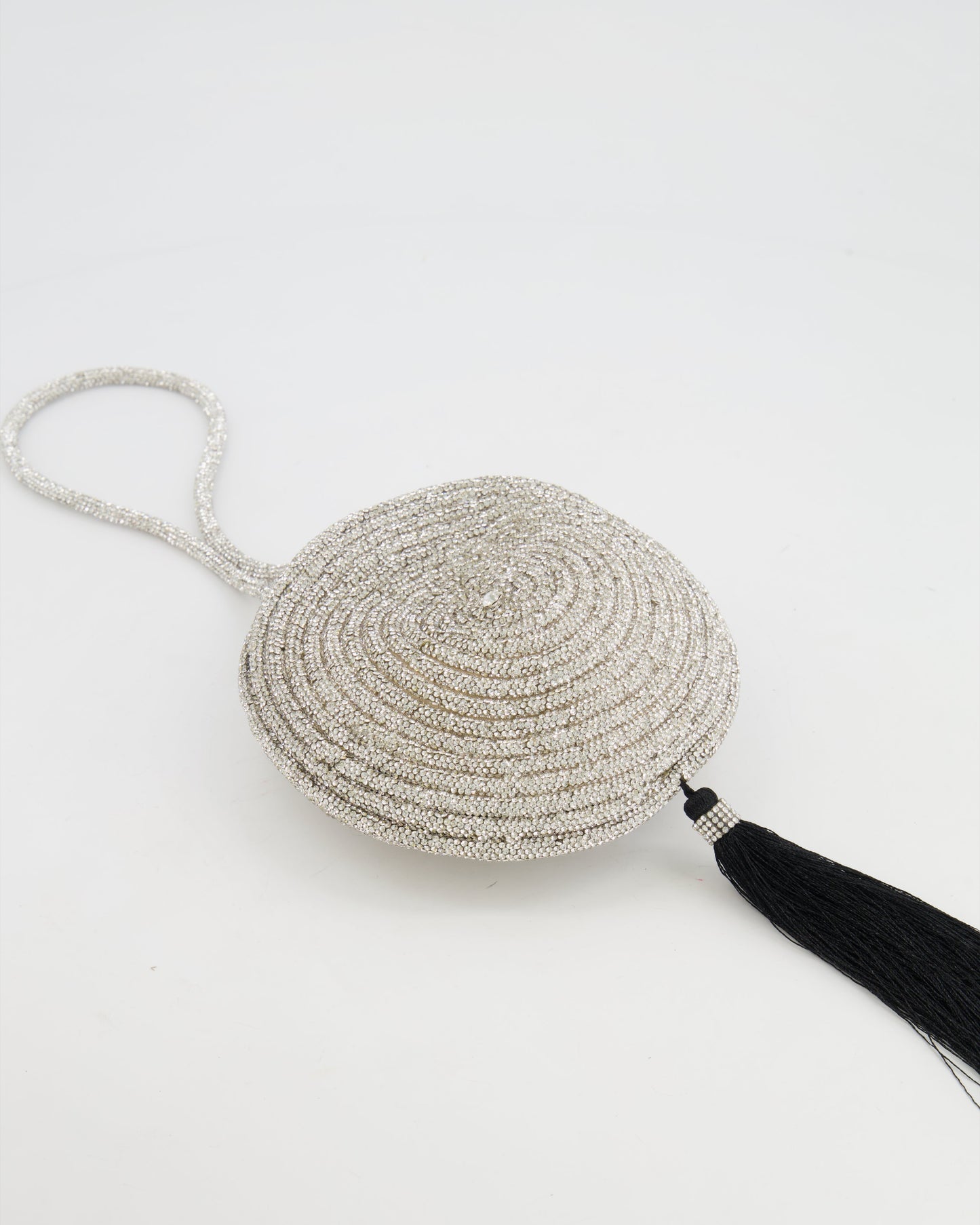 Nué Crystal Spiral Round Small Bag with Black Tassel Detail RRP £640