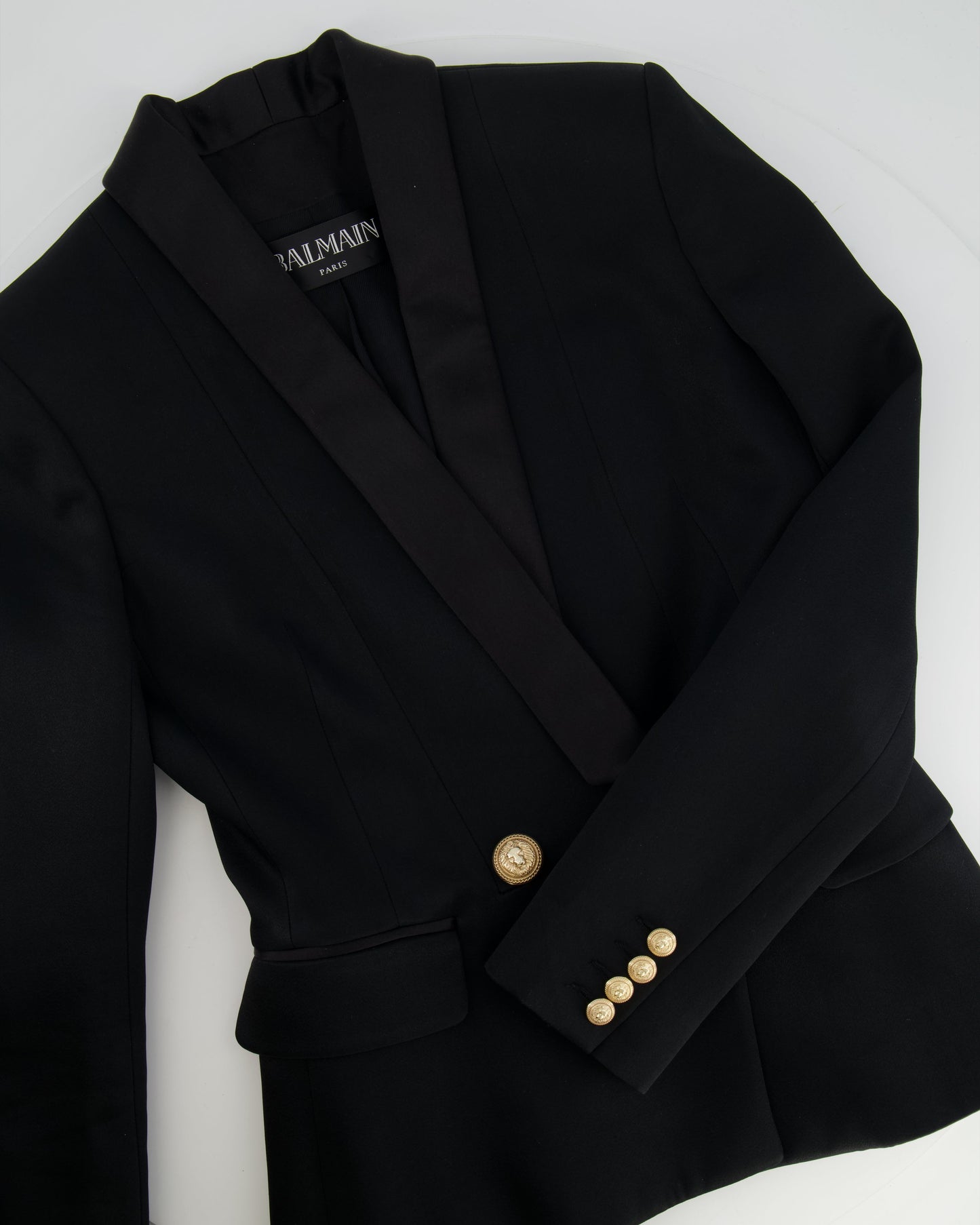 Balmain Black Blazer Jacket with Gold Buttons and Silk Trim Detail Size FR 38 (UK 10)