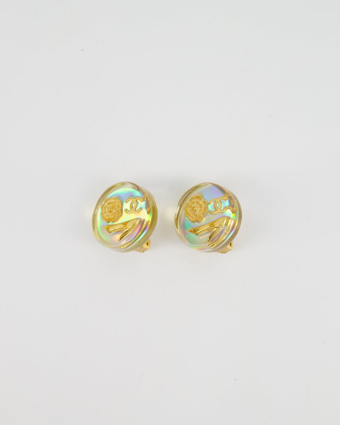Chanel 97P   Round Iridescent with Gold CC Logo, CamŽila & Shoe Detail Clip-On Earrings