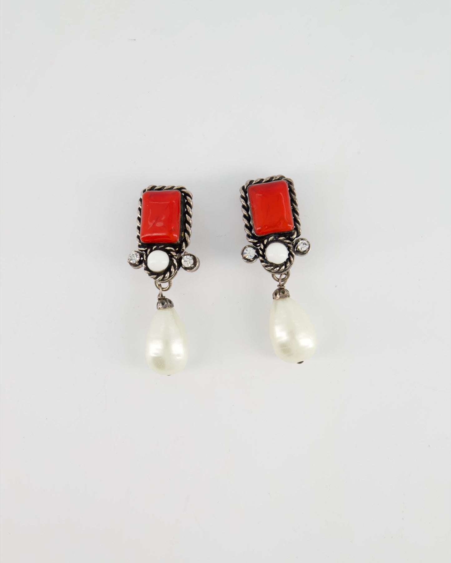Chanel Silver   96P Red, Crystal Pearl Drop Detail Clip-On Earrings