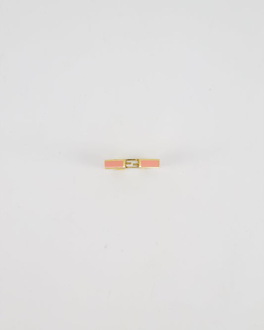 Fendi Gold Enamel Hexagonal Baguette Ring with pink Enamel Detail Size M