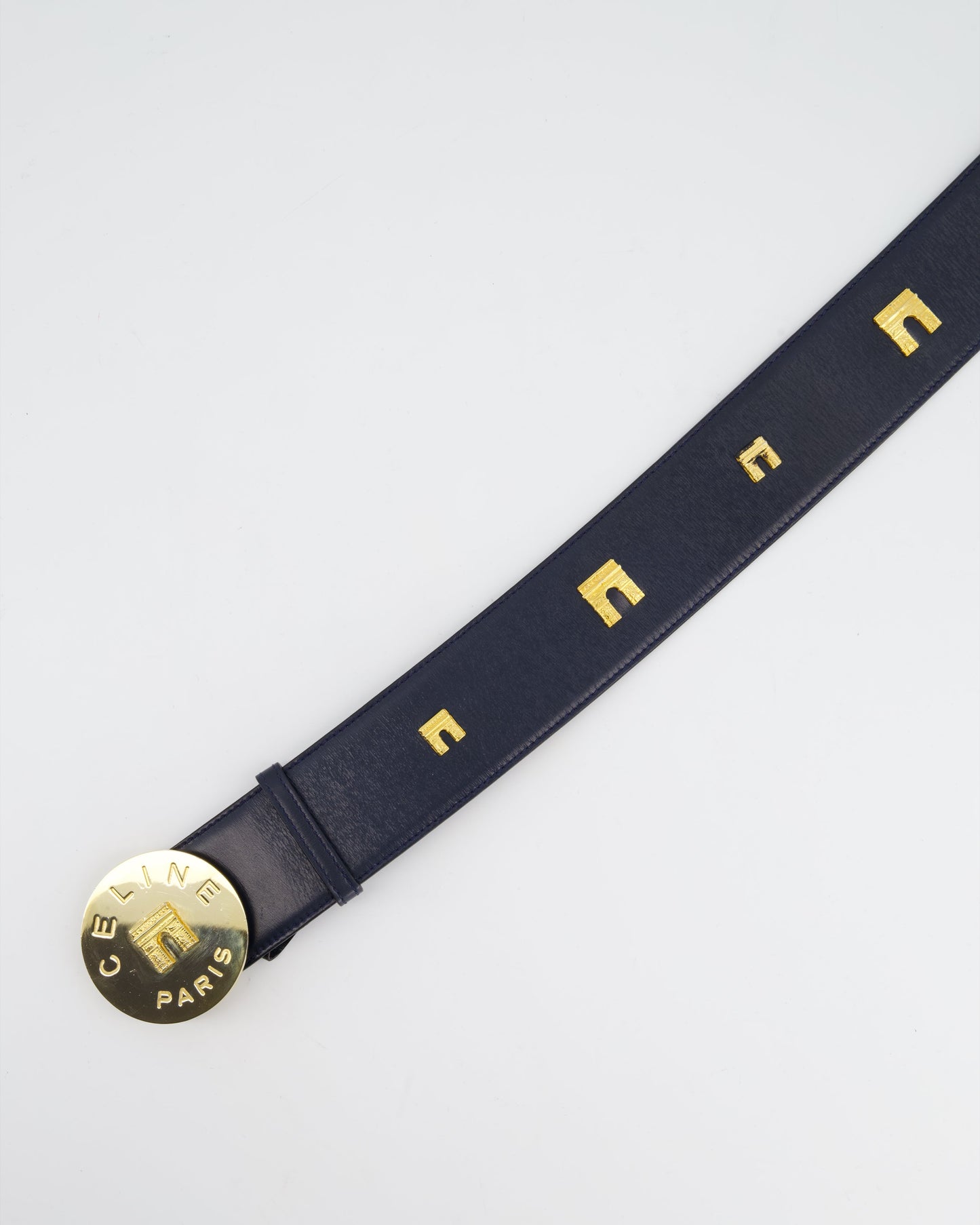 Celine 70cm Navy Blue   Belt with Gold Arc de Triomphe Detailing