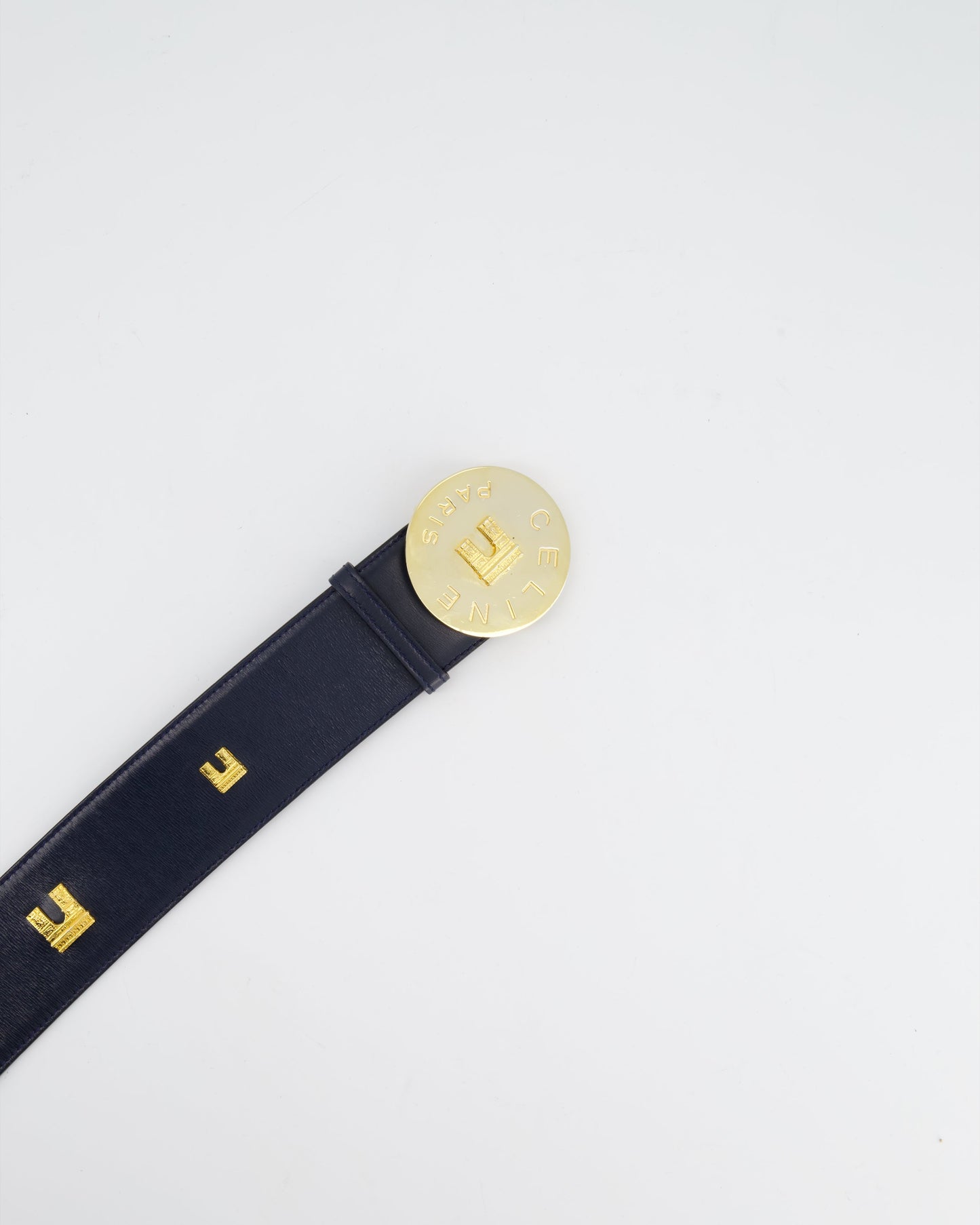 Celine 70cm Navy Blue   Belt with Gold Arc de Triomphe Detailing