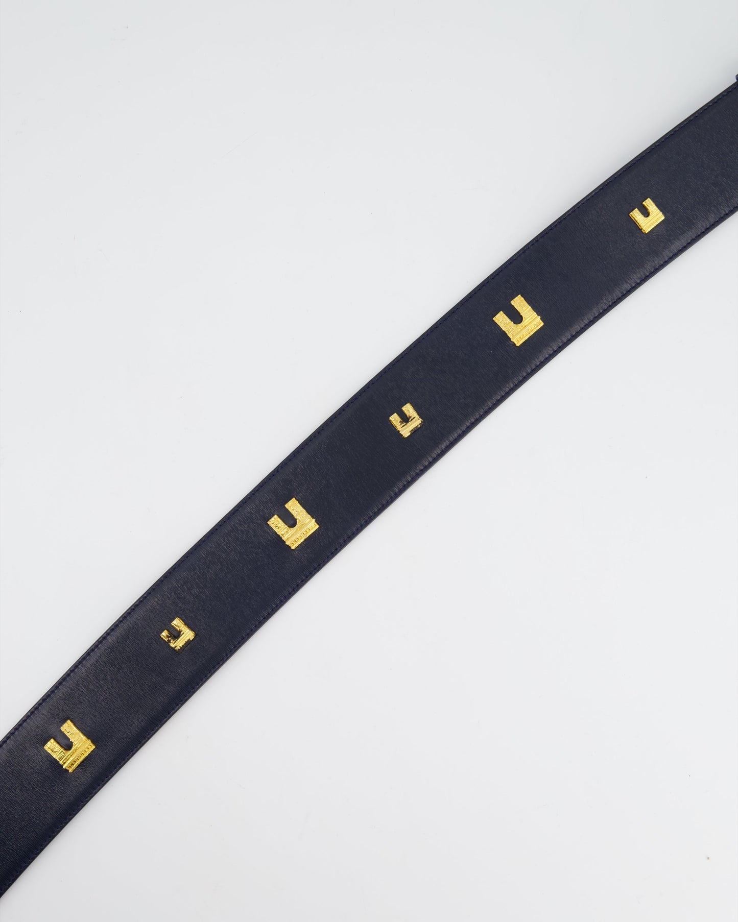 Celine 70cm Navy Blue   Belt with Gold Arc de Triomphe Detailing
