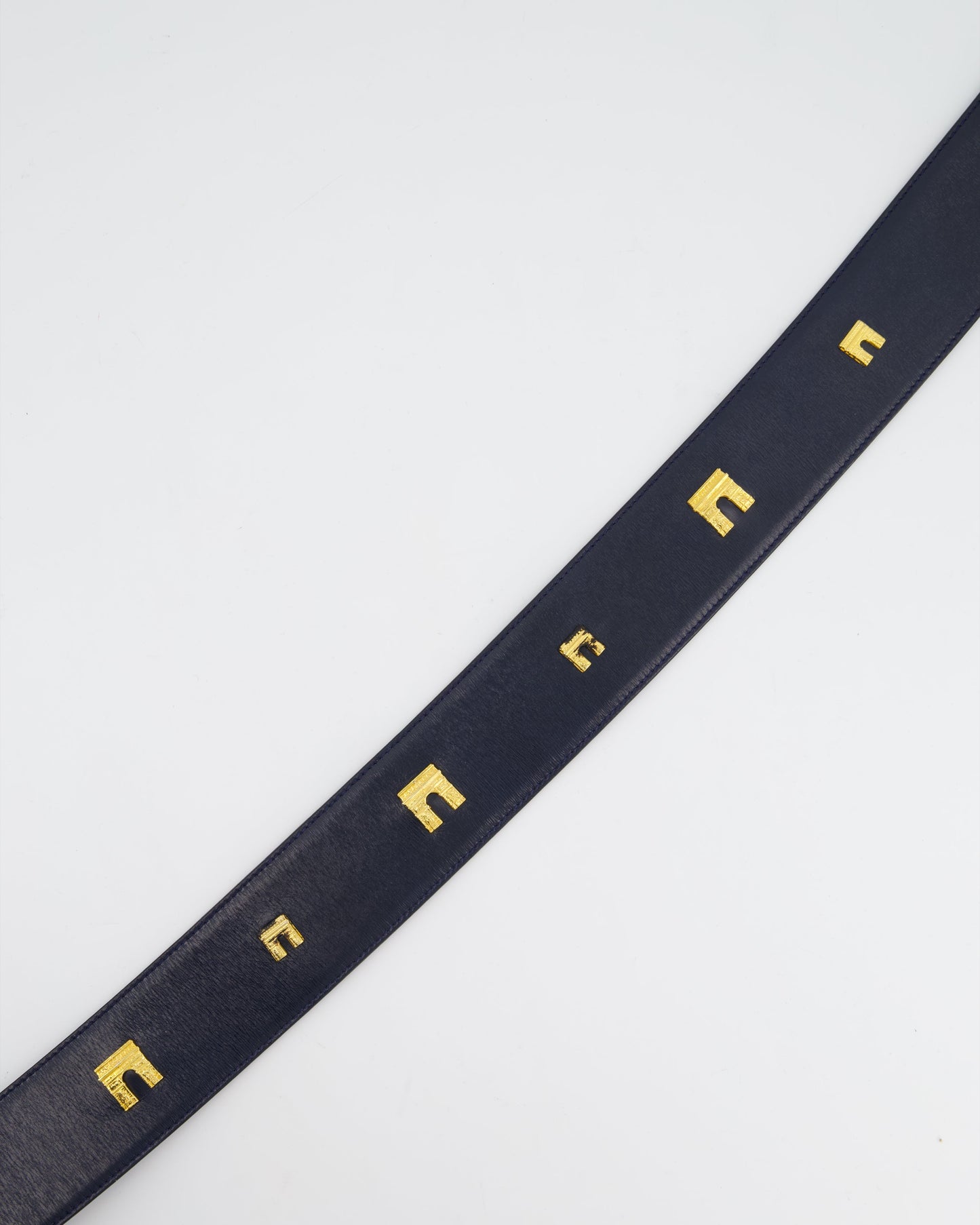 Celine 70cm Navy Blue   Belt with Gold Arc de Triomphe Detailing