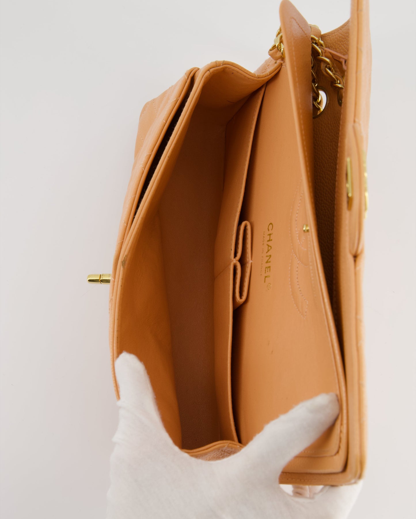 Chanel   Peach Classic Medium Double Flap Bag in Caviar Leather with 24K Gold Hardware