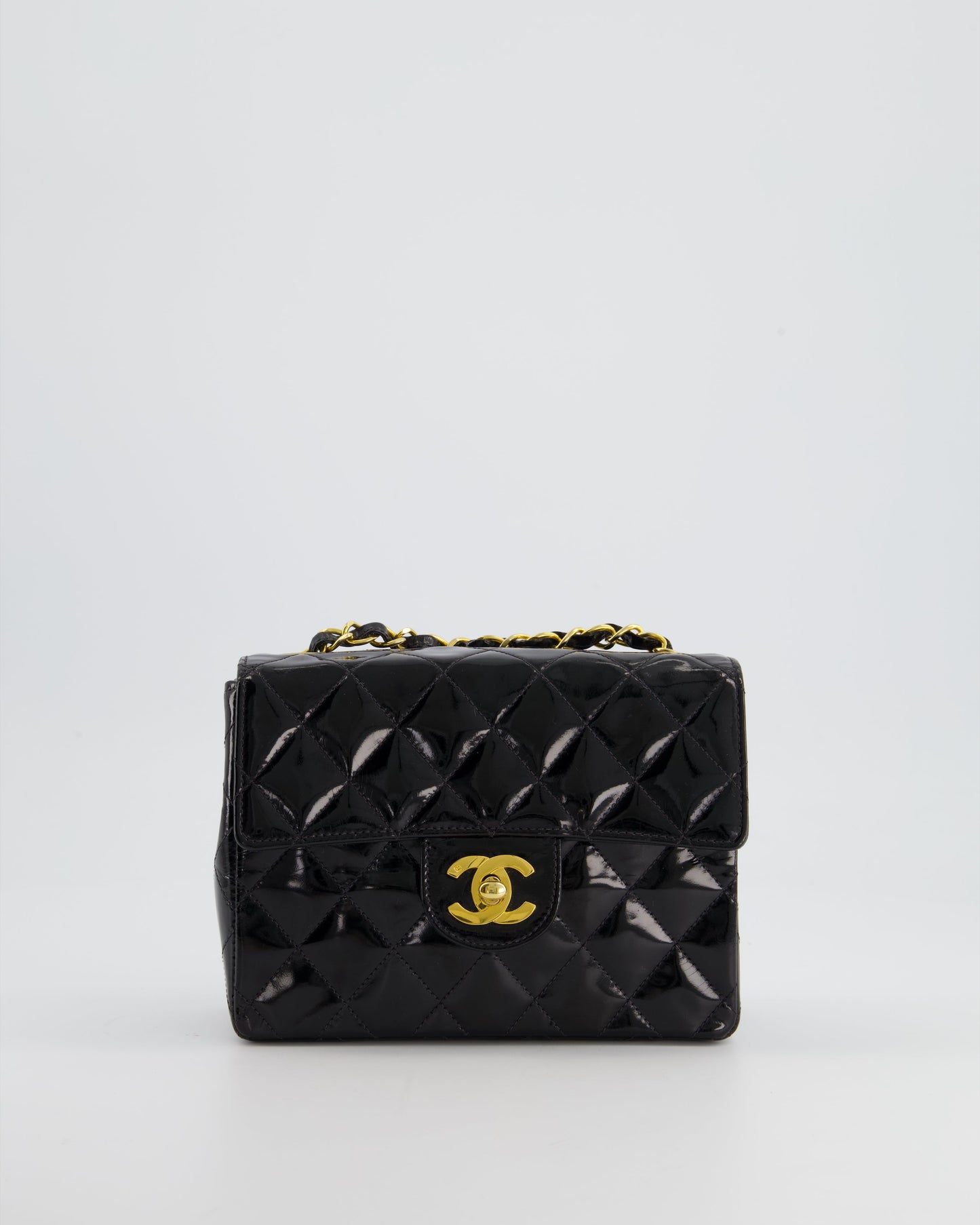 *RARE* Chanel   Black Mini Square Flap Bag in Patent Leather with 24k Gold Hardware