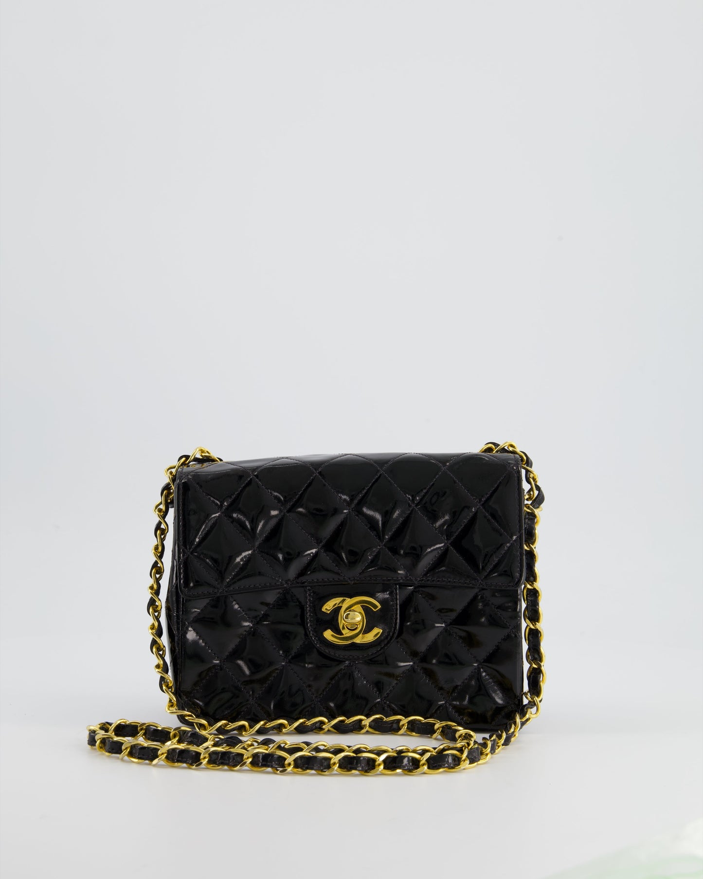*RARE* Chanel   Black Mini Square Flap Bag in Patent Leather with 24k Gold Hardware