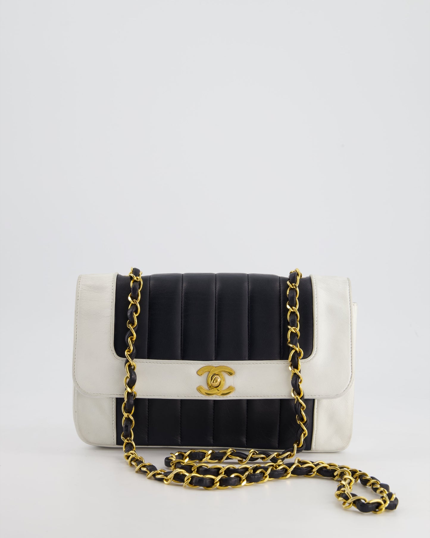 Chanel Black, White   Mademoiselle Single Flap Bag in Lambskin Leather with 24K Gold Plated Hardware