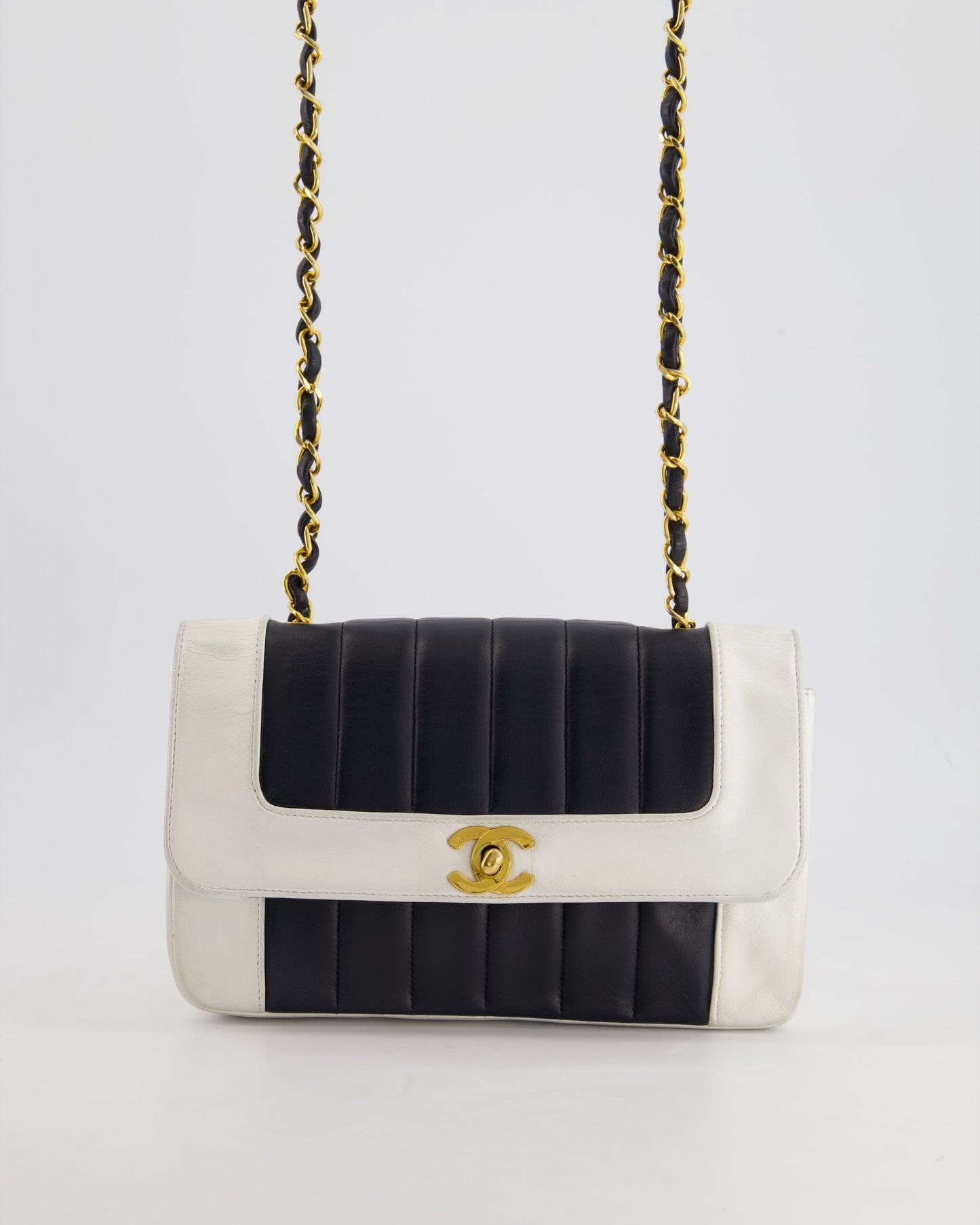 Chanel Black, White   Mademoiselle Single Flap Bag in Lambskin Leather with 24K Gold Plated Hardware