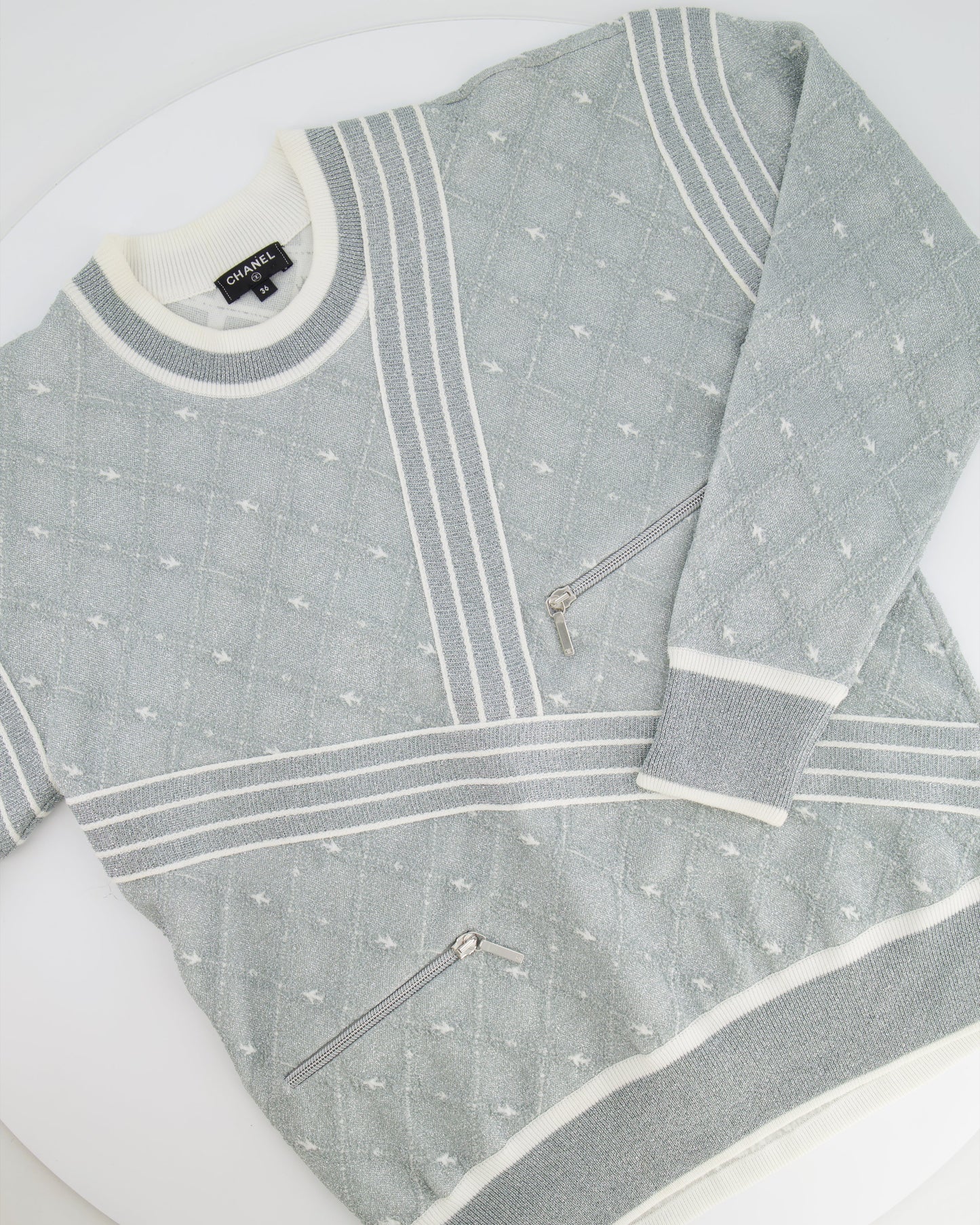 *HOT COLLECTION* Chanel Spring / Summer 2016 Grey Metallic Airline Collection Jumper with Zip and Plane Details Size FR 36 (UK 8) RRP £2,400