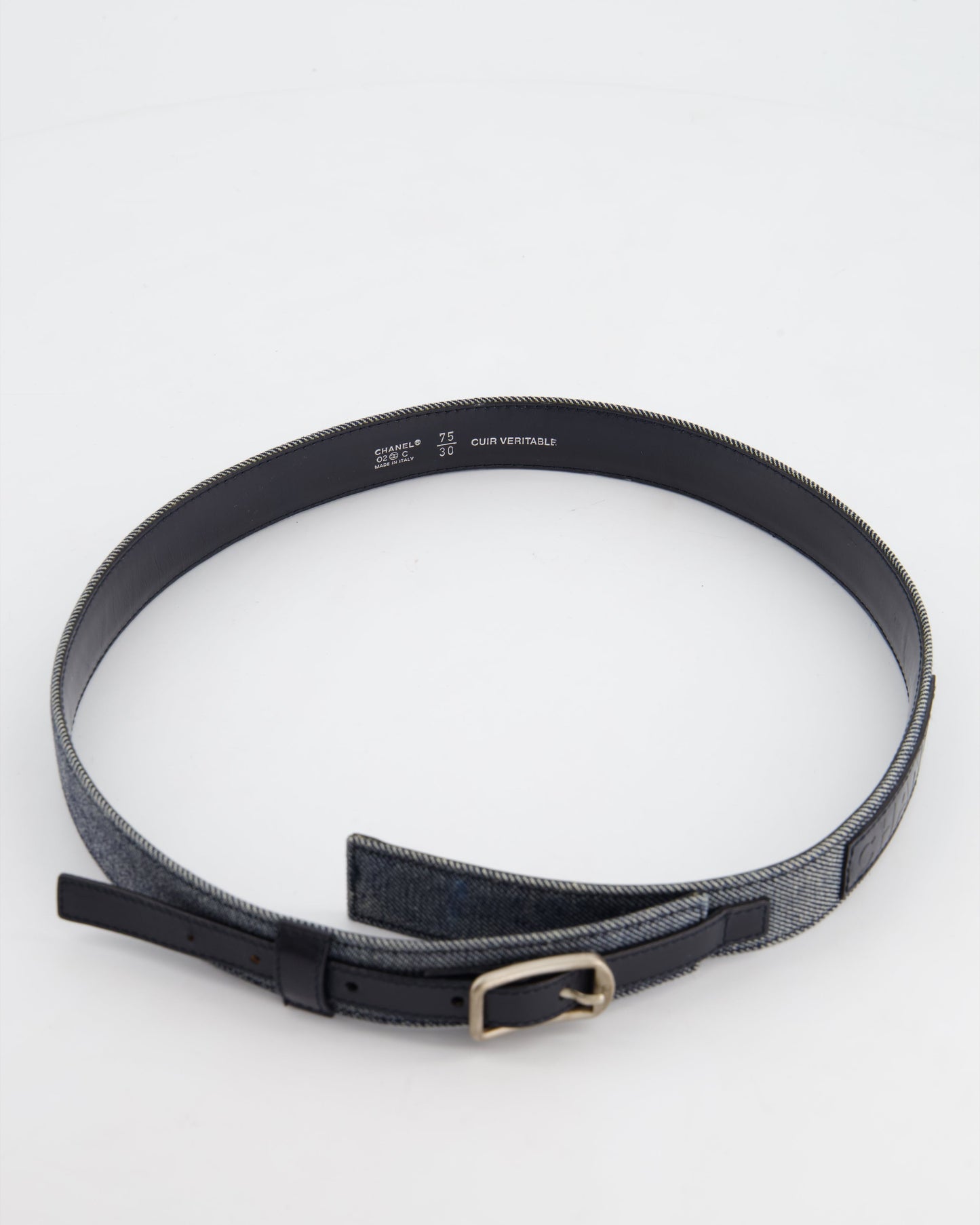 Chanel   Denim & Black Leather Belt with Buckle Detail Size 75cm