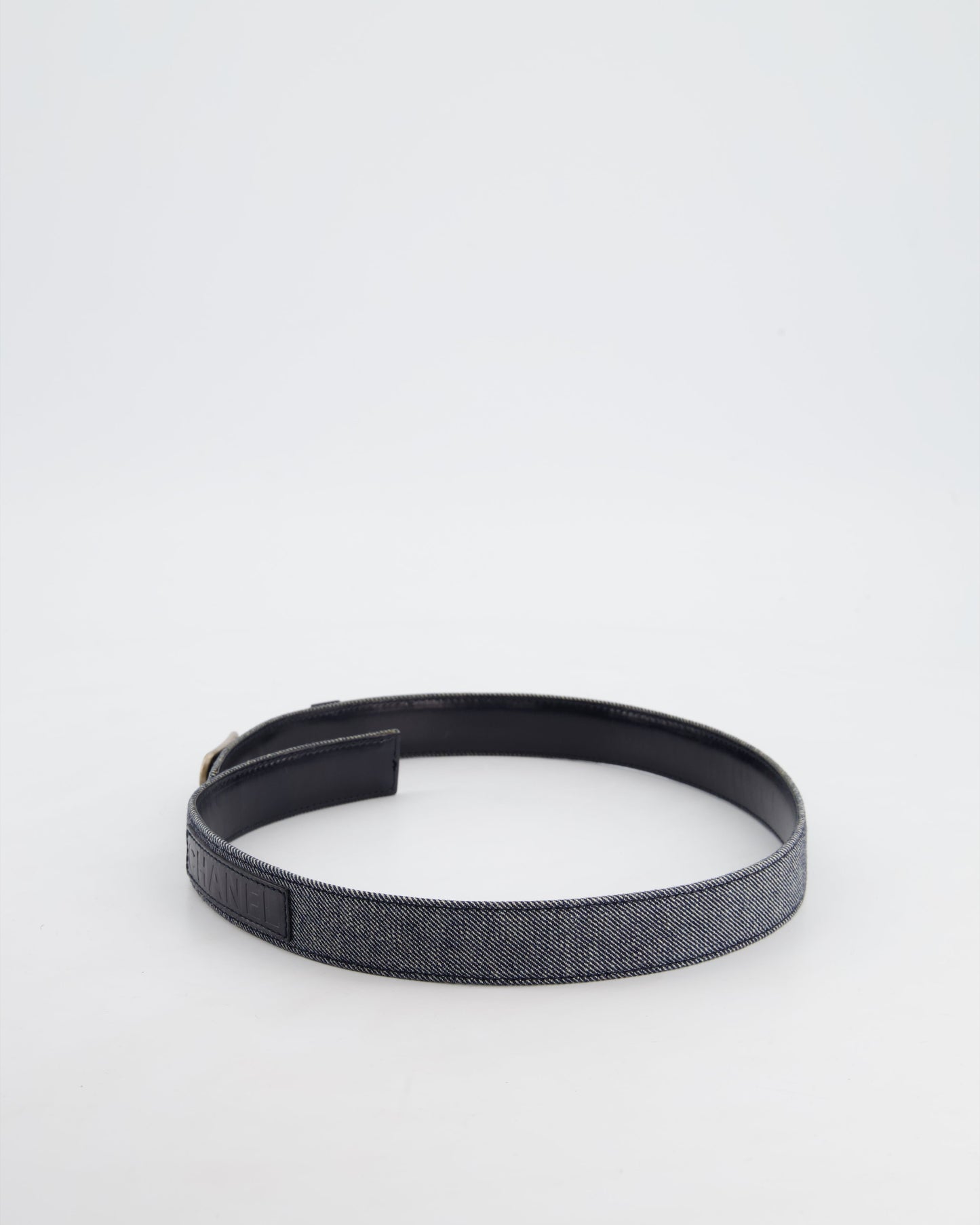 Chanel   Denim & Black Leather Belt with Buckle Detail Size 75cm
