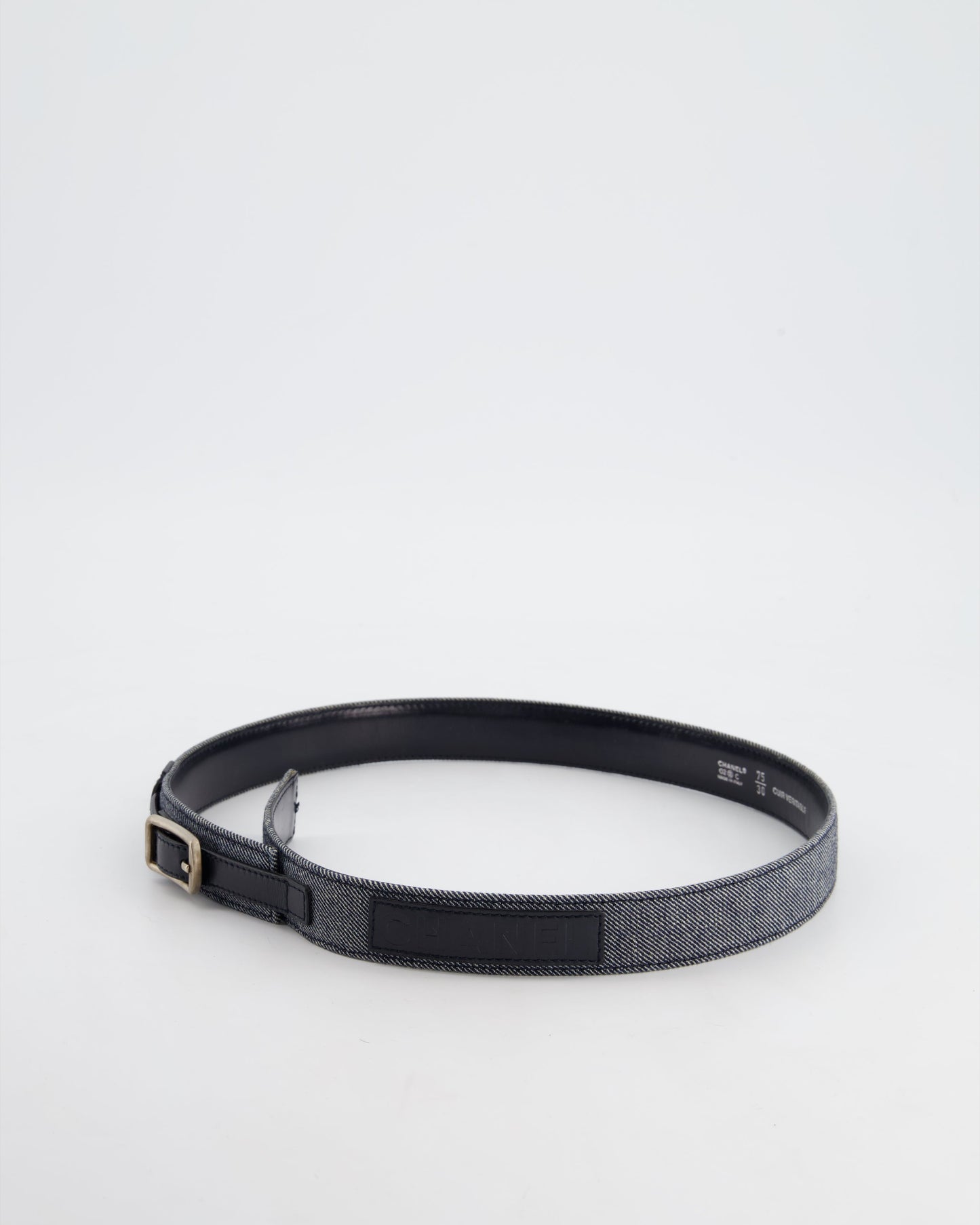 Chanel   Denim & Black Leather Belt with Buckle Detail Size 75cm