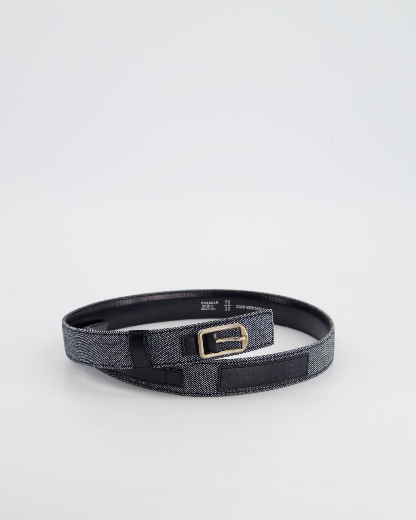 Chanel   Denim & Black Leather Belt with Buckle Detail Size 75cm