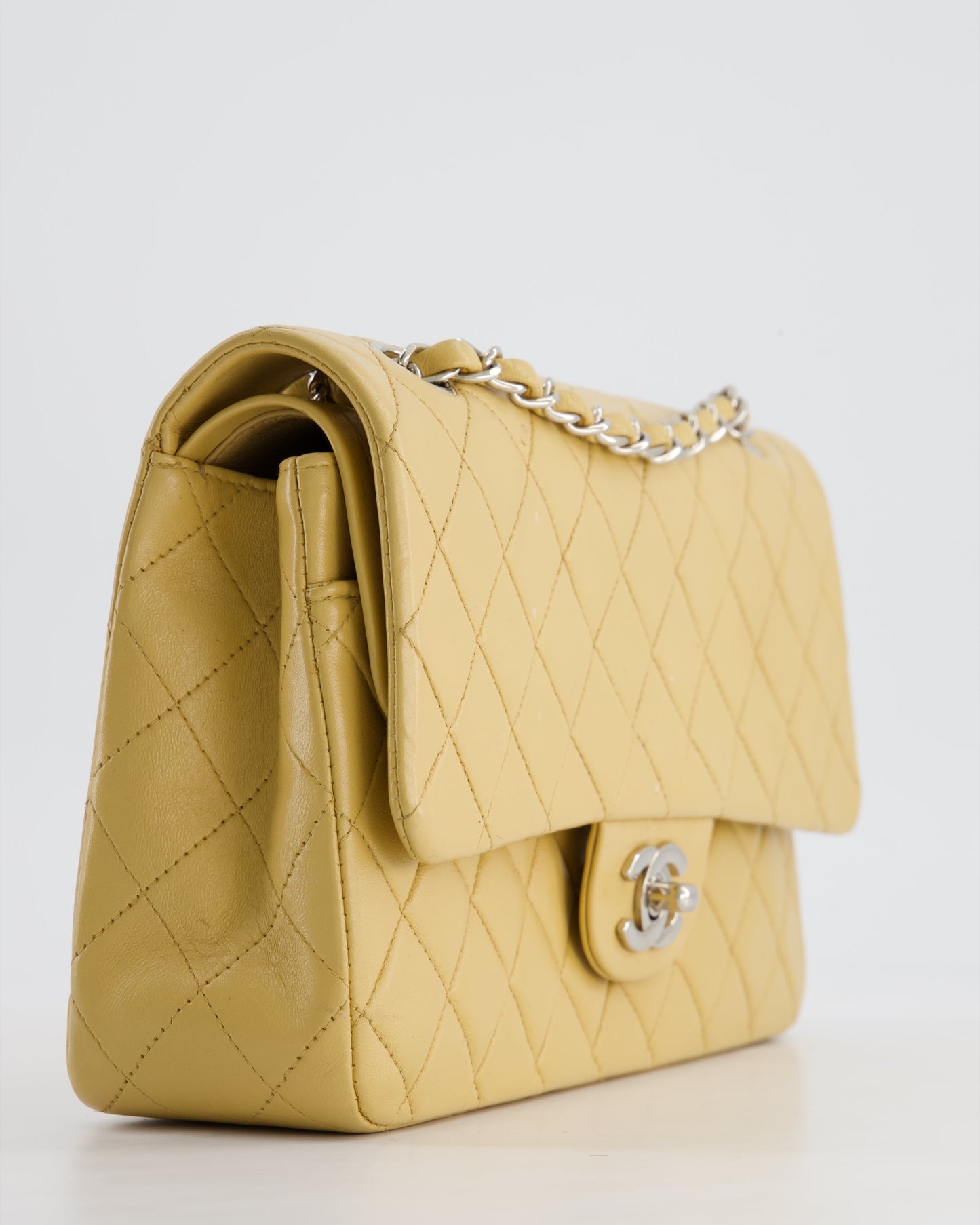 Chanel   Beige Classic Medium Double Flap Bag in Lambskin Leather with Silver Hardware