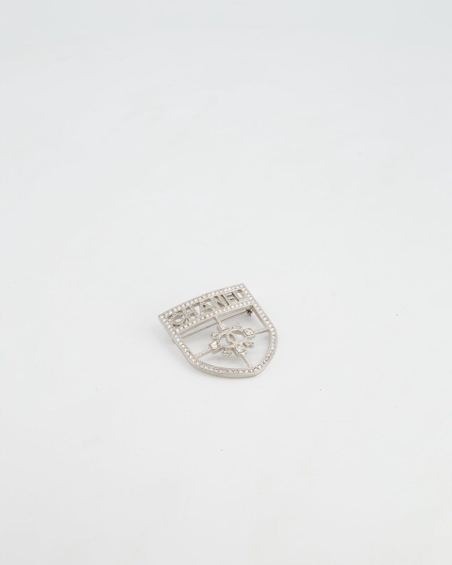 *HOT* Chanel Silver Crystal Large Brooch with CC and Logo Details