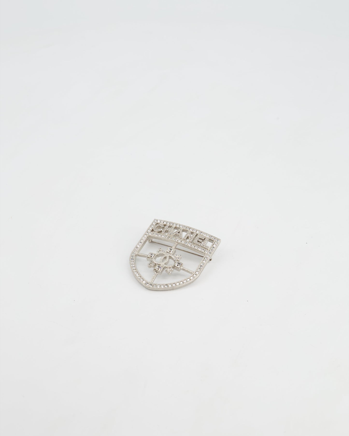 *HOT* Chanel Silver Crystal Large Brooch with CC and Logo Details