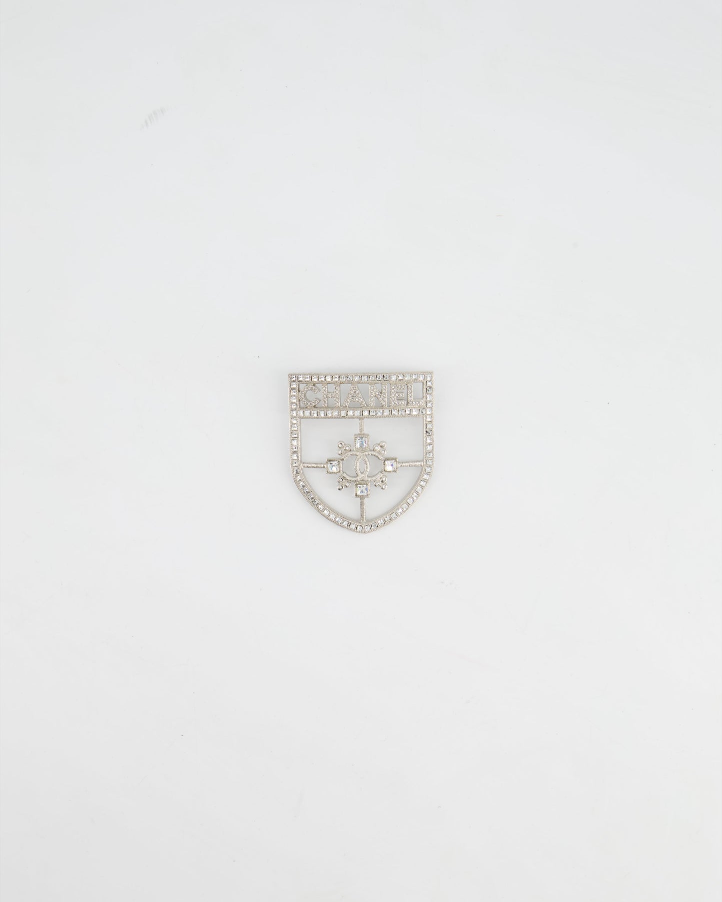 *HOT* Chanel Silver Crystal Large Brooch with CC and Logo Details