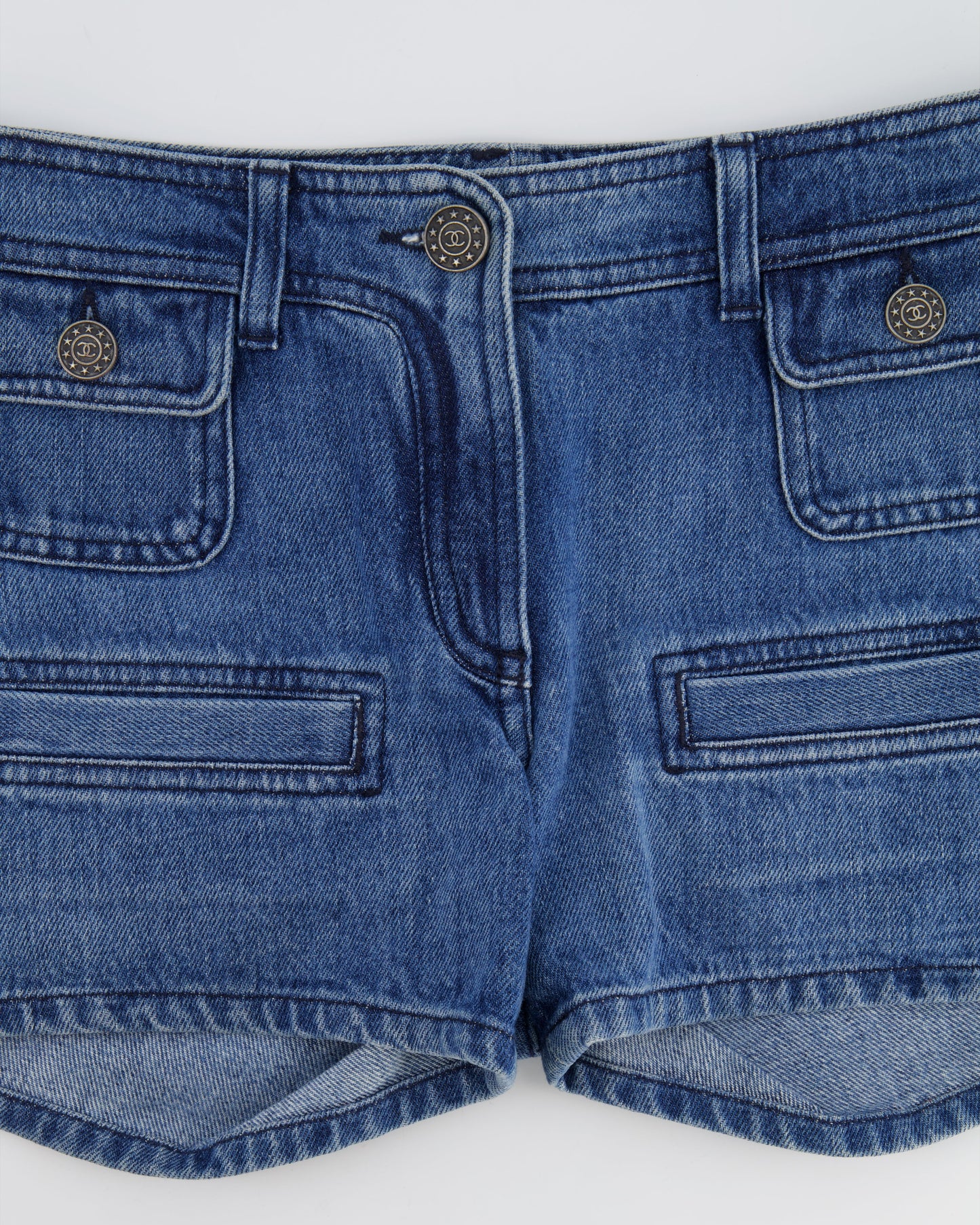 Chanel Paris-Dallas Blue Denim Mini Shorts with CC Logo Buttons Size FR 34 (UK 6)