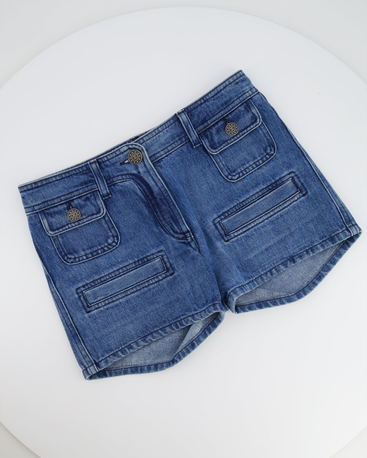 Chanel Paris-Dallas Blue Denim Mini Shorts with CC Logo Buttons Size FR 34 (UK 6)