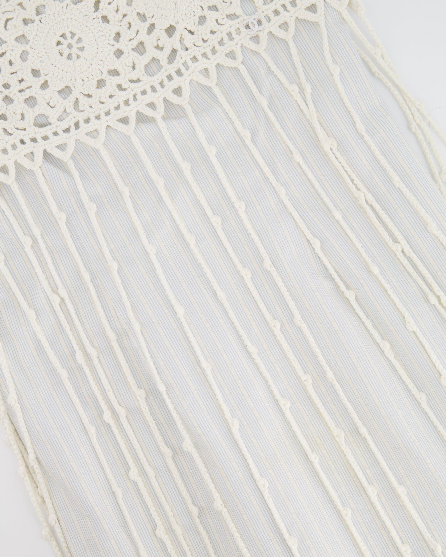 Chanel Spring 2005 Light Blue Striped Mini Dress with White Crochet Detailings Size FR 36 (UK 8)