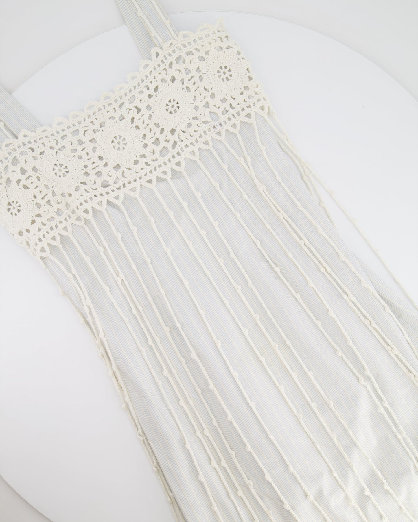 Chanel Spring 2005 Light Blue Striped Mini Dress with White Crochet Detailings Size FR 36 (UK 8)
