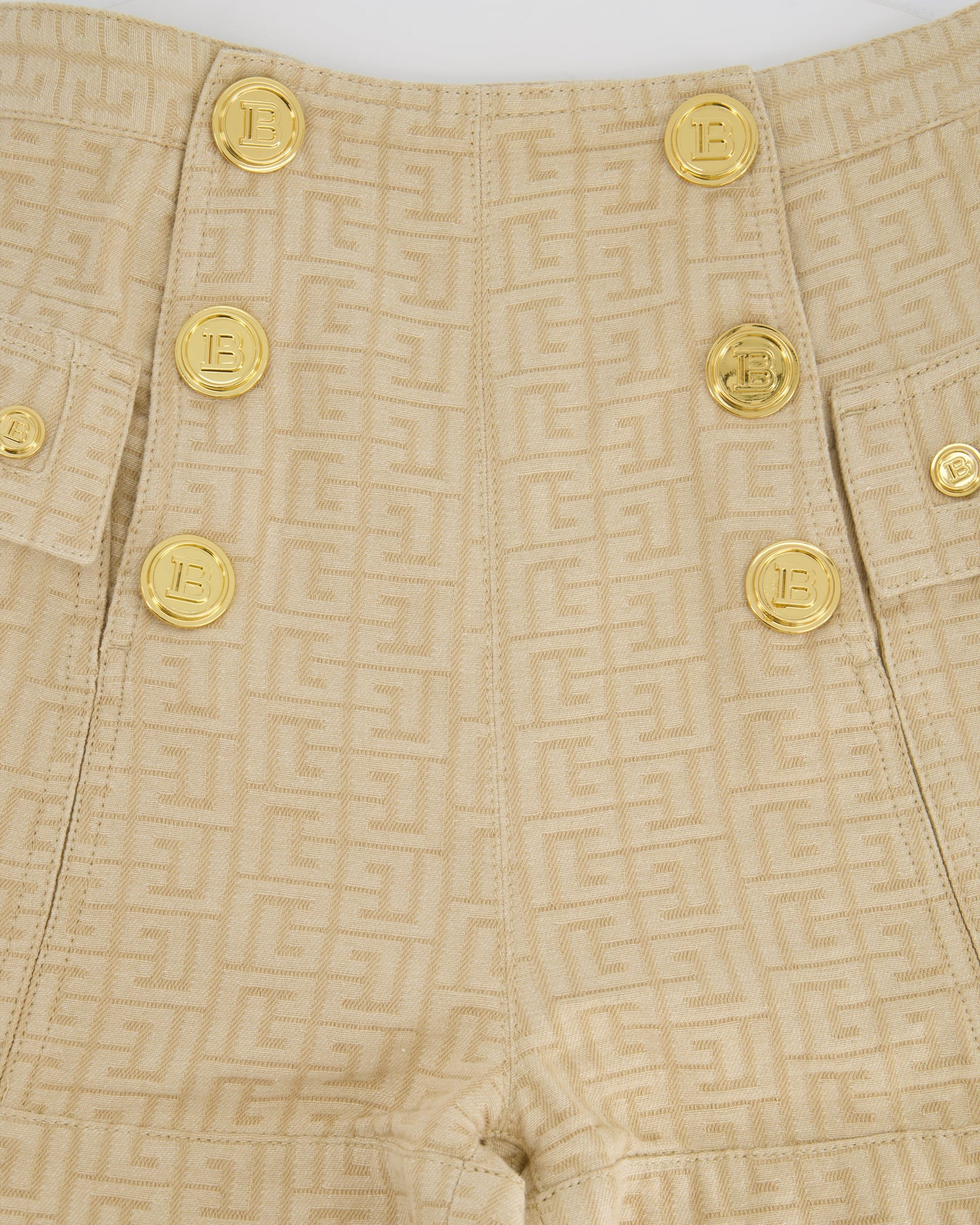 Balmain Printed Beige High Waisted Denim Shorts With Gold Logo Buttons Size FR 34 (UK 6)