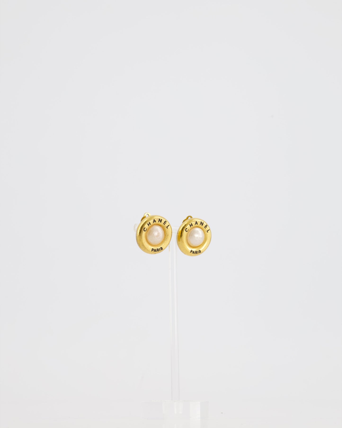 Chanel 95A   Gold Clip-On Earrings with Pearls and Logo Details