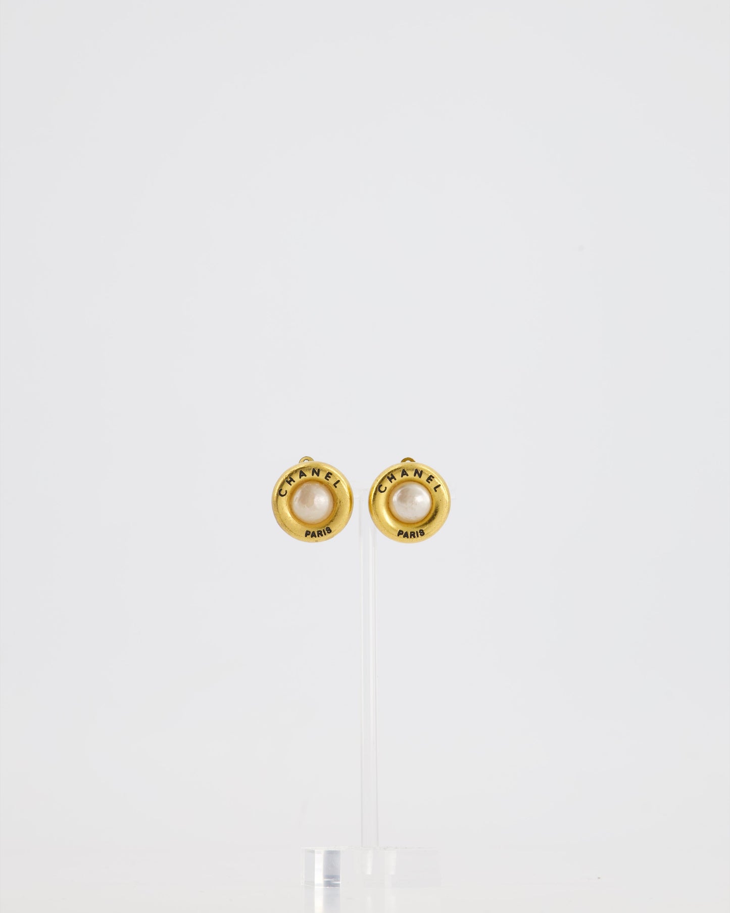 Chanel 95A   Gold Clip-On Earrings with Pearls and Logo Details