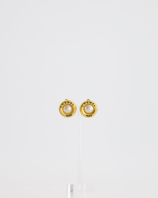 Chanel 95A   Gold Clip-On Earrings with Pearls and Logo Details