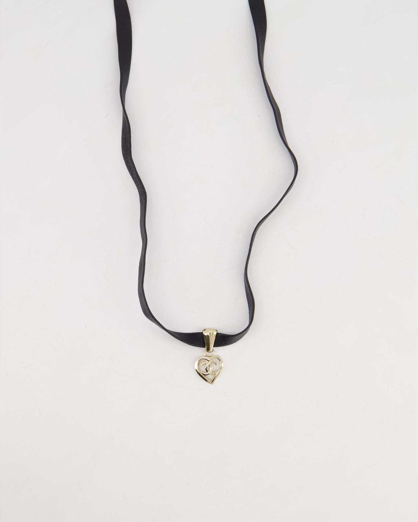 Chanel Black Leather Necklace with Champagne Gold CC Heart Pendant