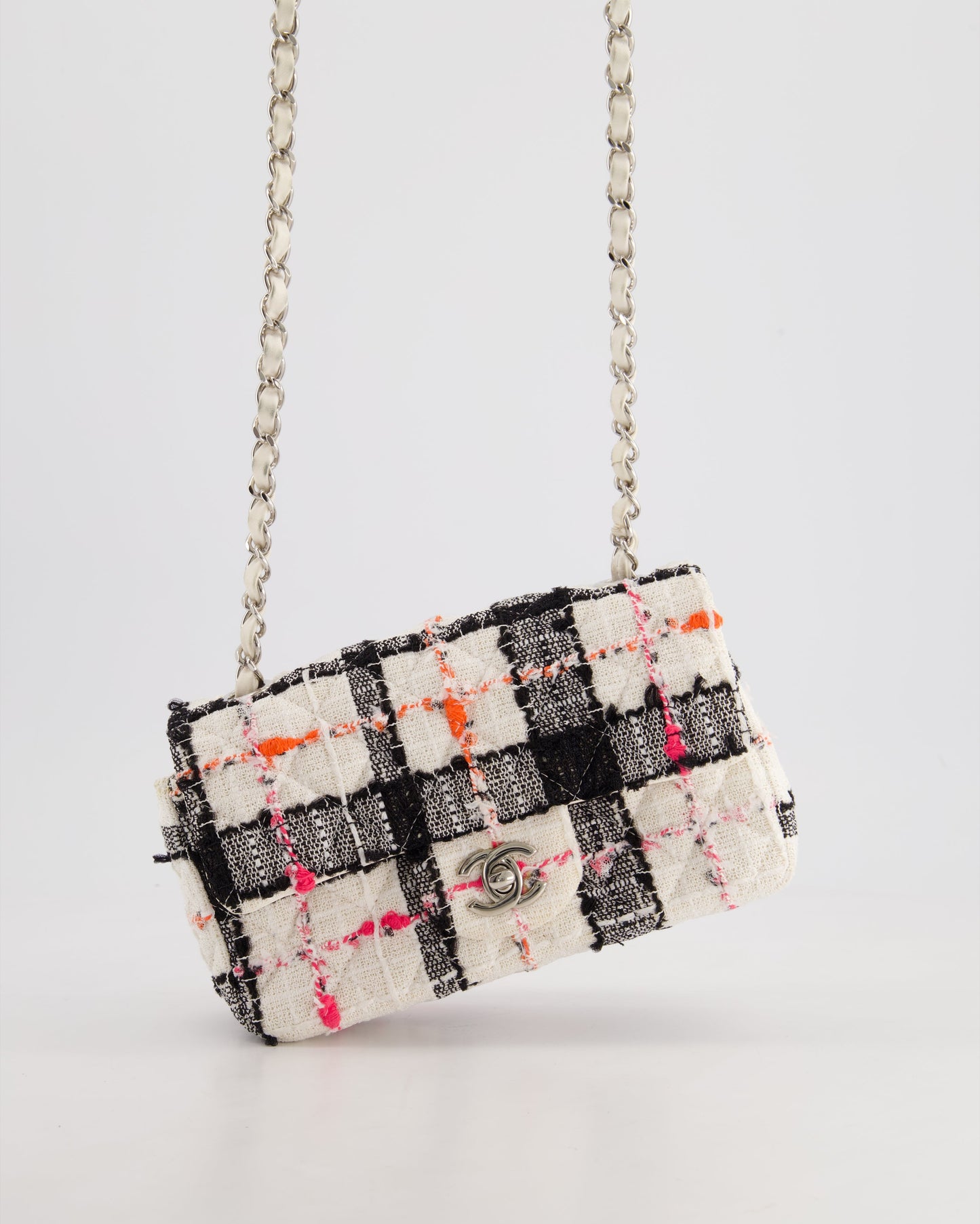*HOT* Chanel White Tweed Mini Rectangular Single Flap Bag with Black & White Details and Silver Hardware