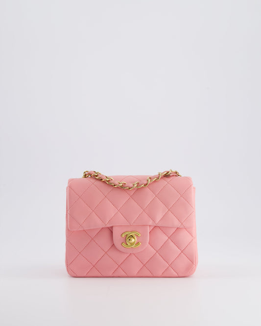 *RARE* Chanel   Bubblegum Pink Mini Square Flap Bag in Lambskin Leather with 24K Gold Hardware