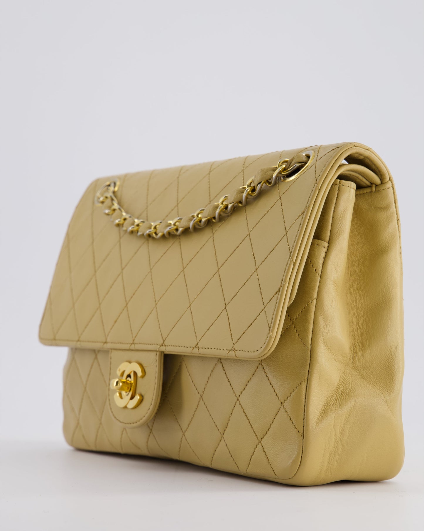 *FIRE PRICE* Chanel   Chai Beige Classic Medium Stitched Edge Double Flap Bag in Lambskin Leather with 24K Gold Hardware