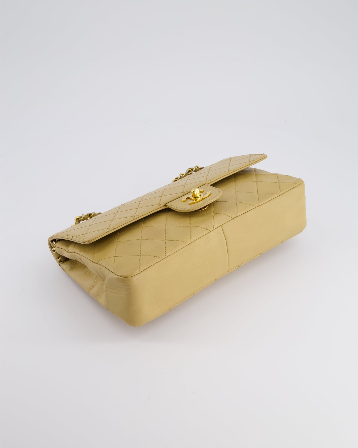 *FIRE PRICE* Chanel   Chai Beige Classic Medium Stitched Edge Double Flap Bag in Lambskin Leather with 24K Gold Hardware