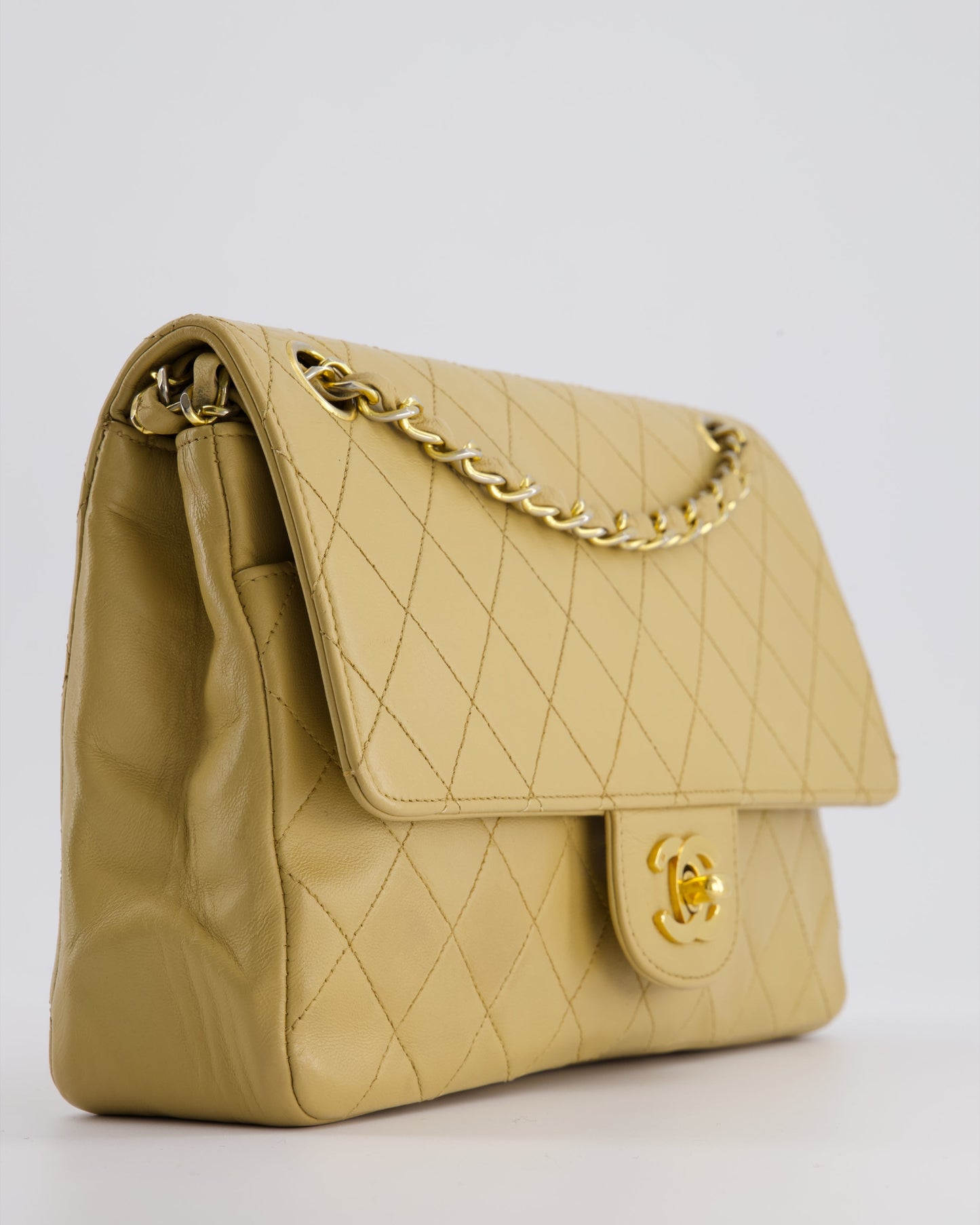 *FIRE PRICE* Chanel   Chai Beige Classic Medium Stitched Edge Double Flap Bag in Lambskin Leather with 24K Gold Hardware